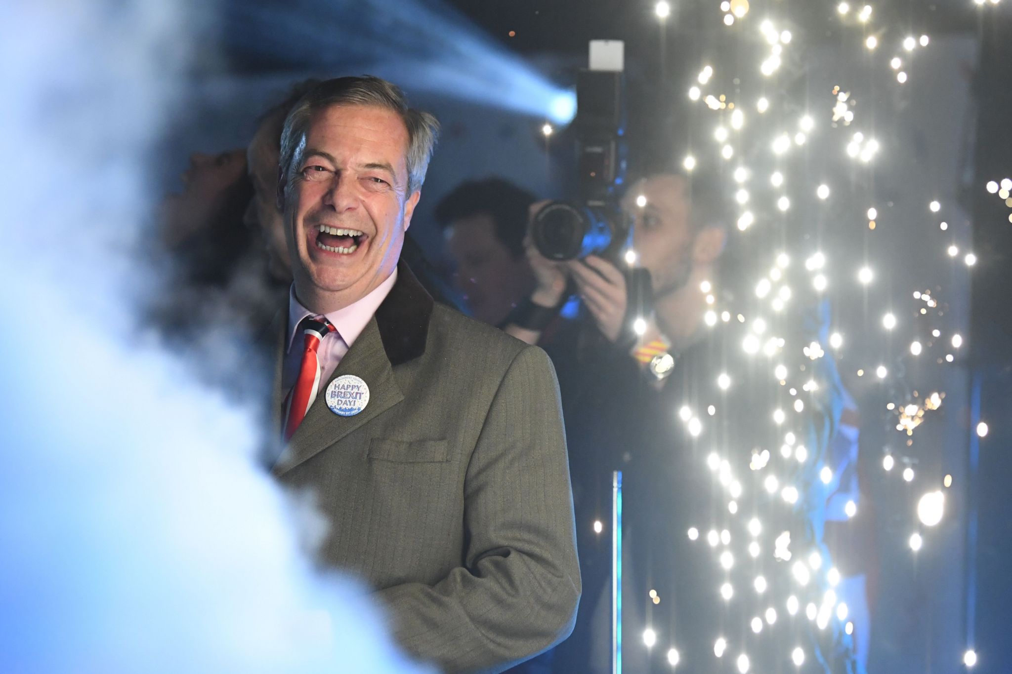 Brexit Party leader Nigel Farage looks delighted as Britain leaves the EU