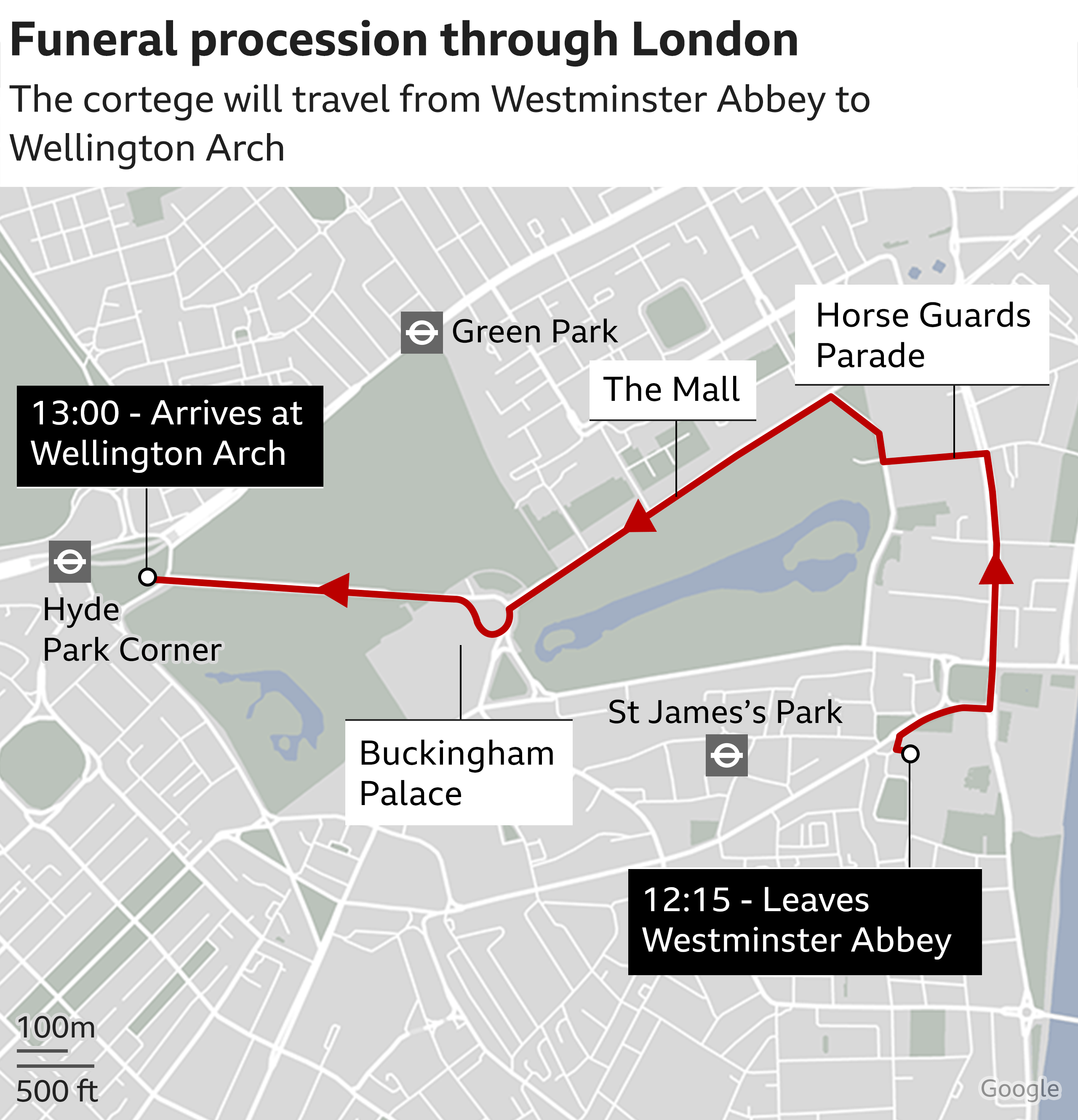 Route from Westminster Abbey to Wellington Arch