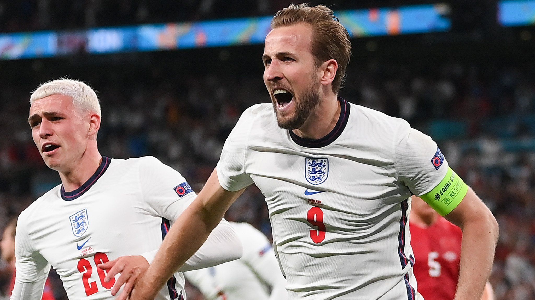 Harry Kane celebrates scoring England's second goal against Denmark in the Euro 2020 semi-final