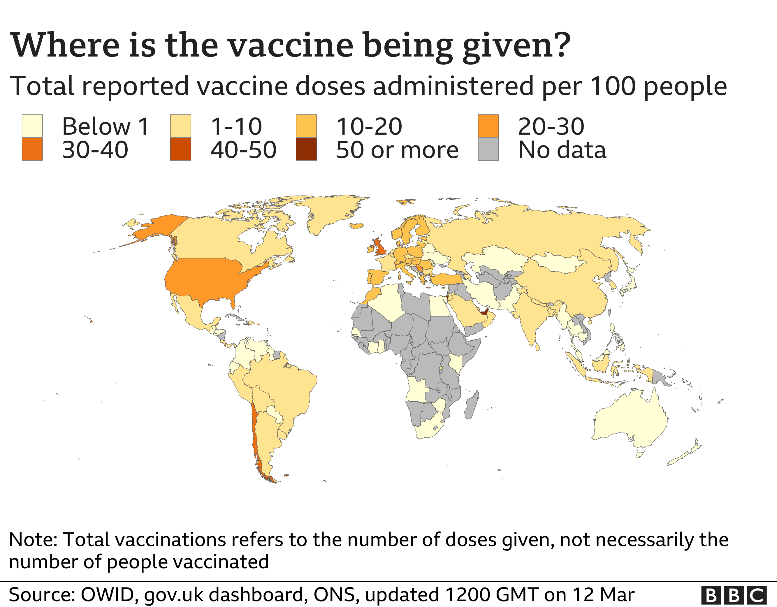 Map showing the number of vaccine doses administered per 100 people. Updated 12 March.