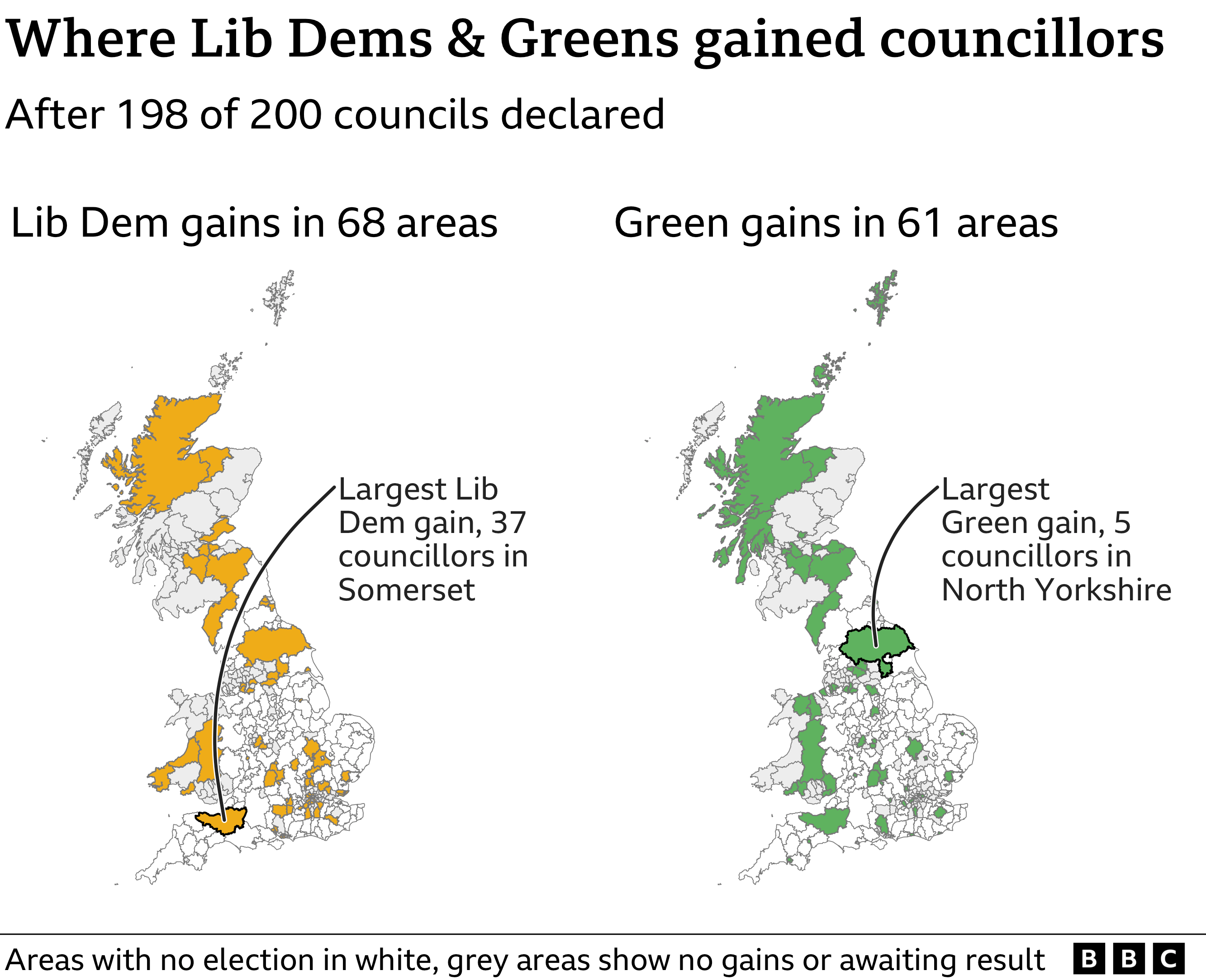 Map showing areas where the Lib Dems and Green party have gained council seats