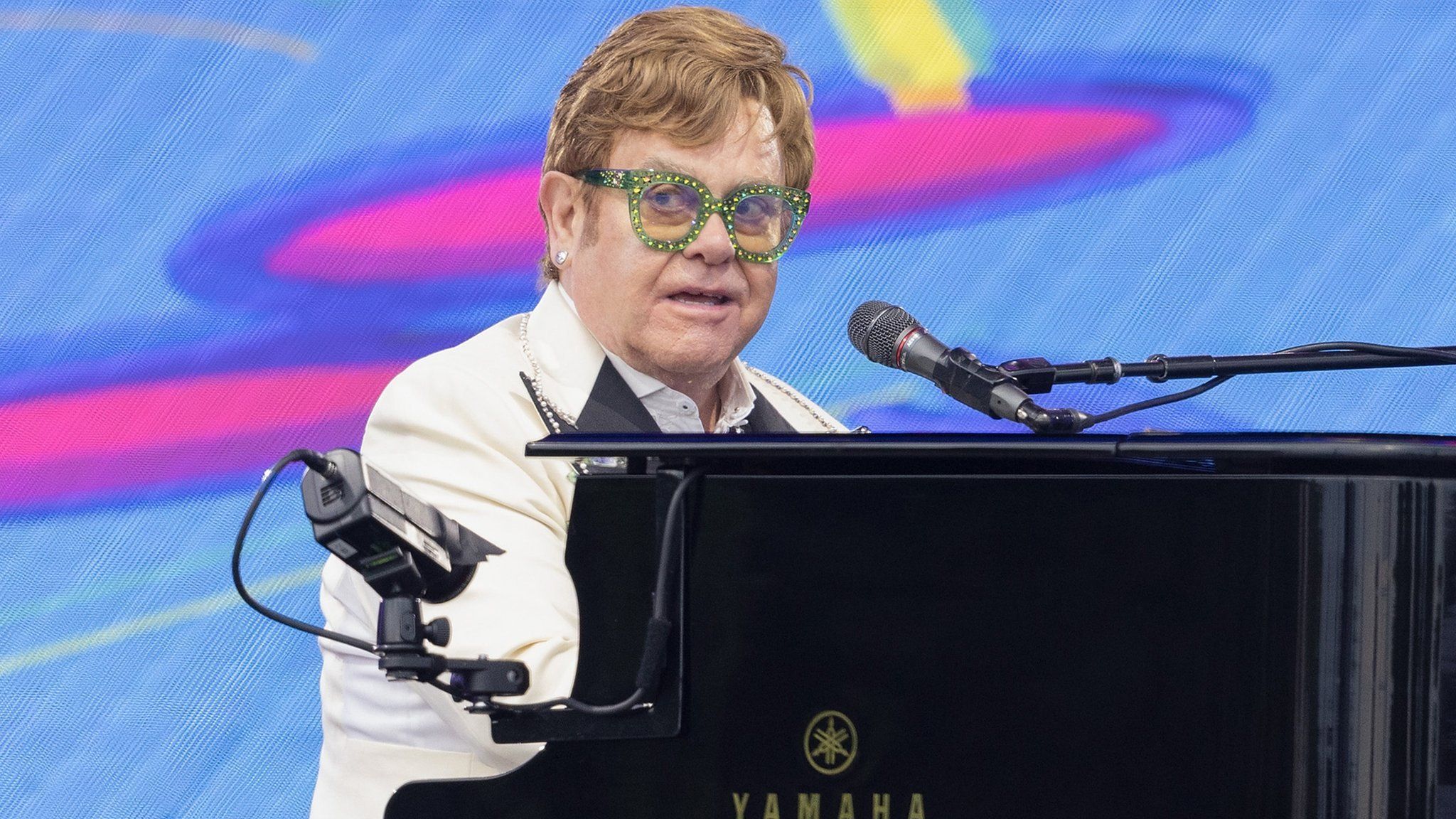 Sir Elton John pictured on his farewell tour, which he is currently performing around the world