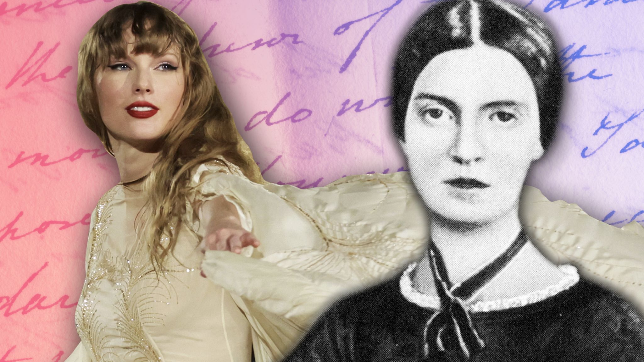 composite image shows taylor swift on the left and an archive picture of poet emily dickinson on the right