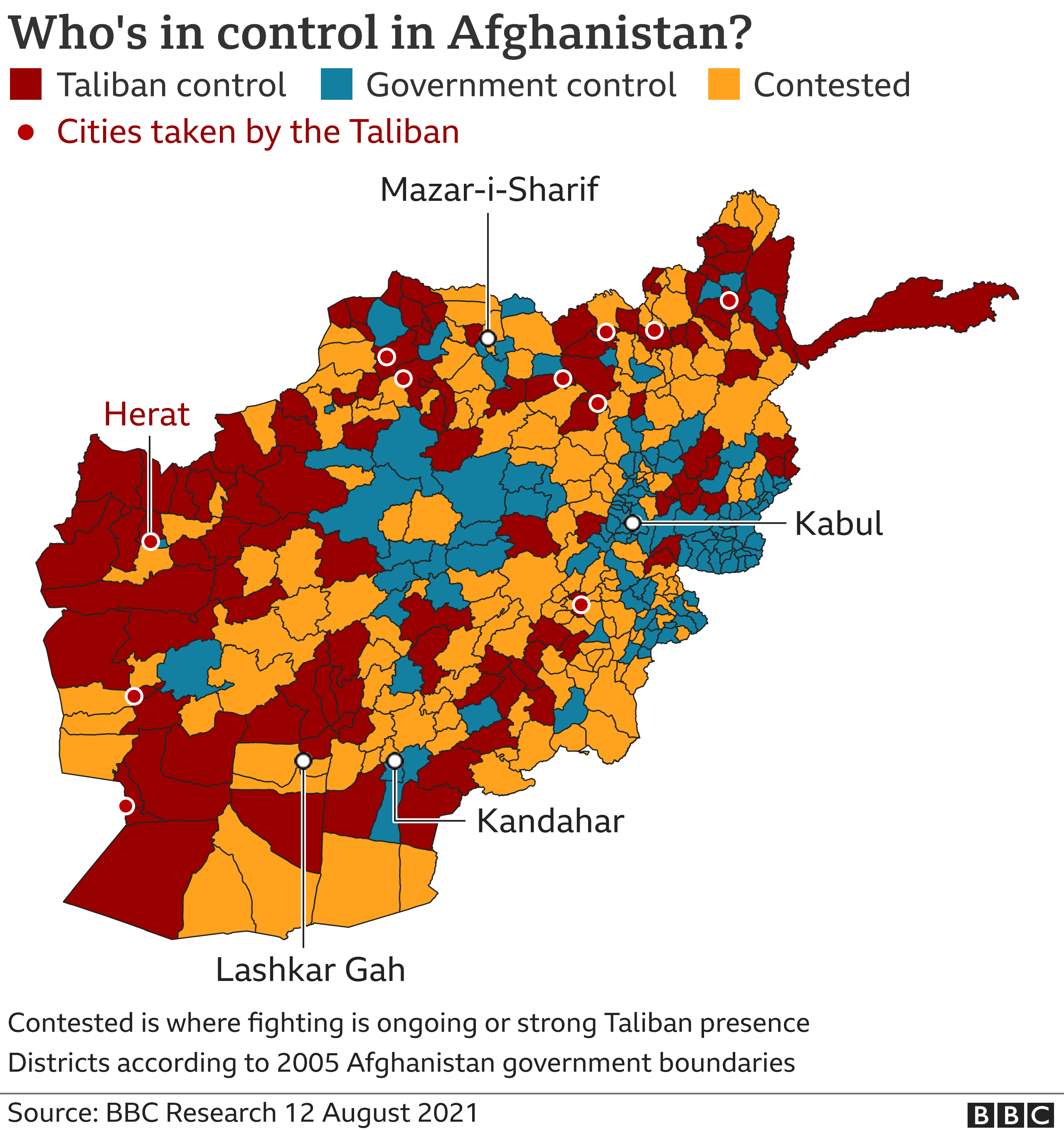 Map showing areas which are contested, under full Taliban or under government control, updated 12 August 2021