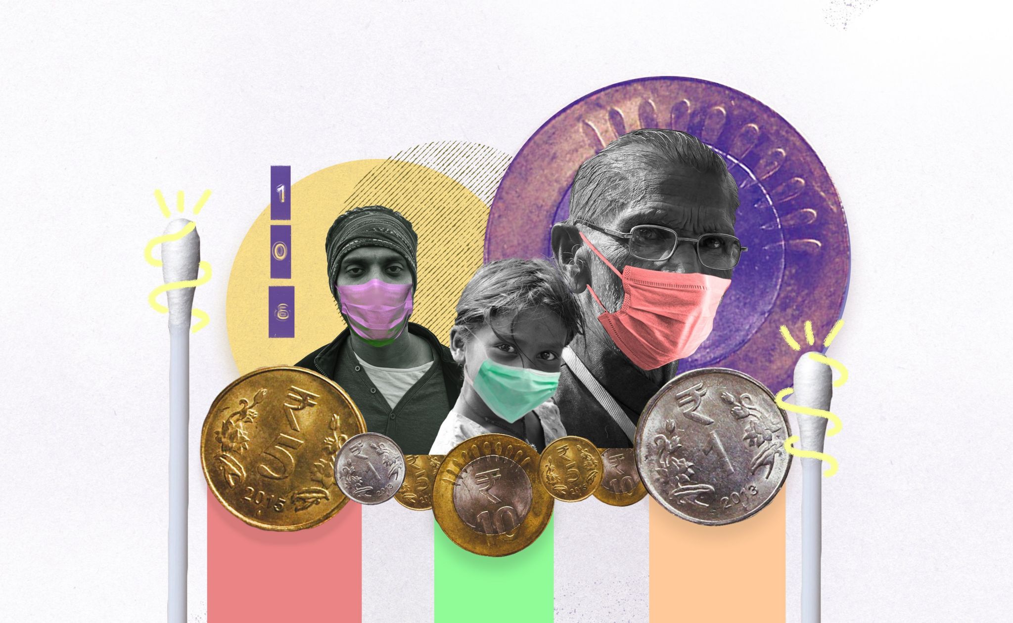Collage art of 3 people wearing masks with Covid swabs and Indian coins