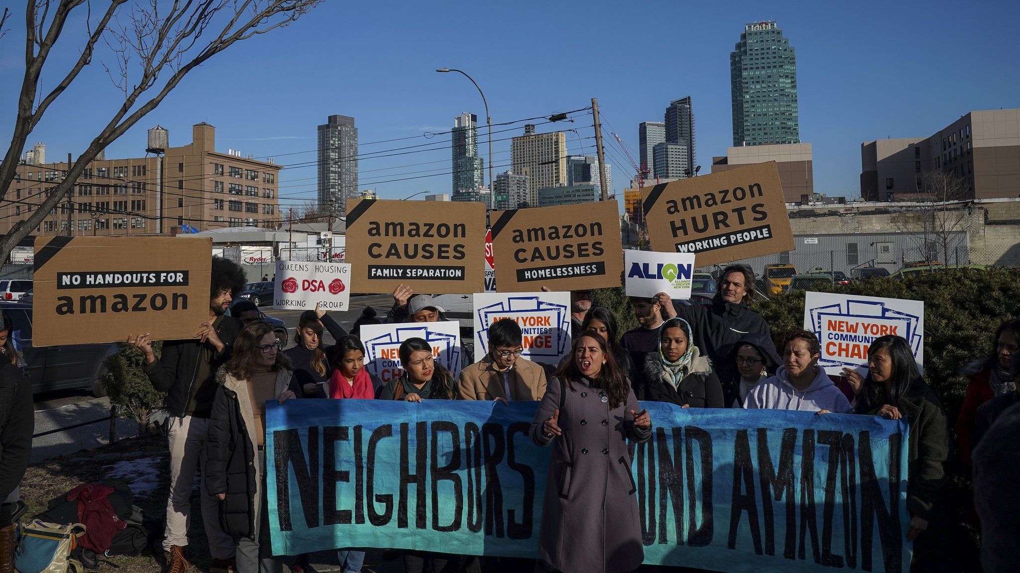 Activists and community members who opposed Amazon"s plan to move into Queens rally in celebration of Amazon"s decision to pull out of the deal, in the Long Island City neighborhood, February 14, 2019 in the Queens borough of New York City.