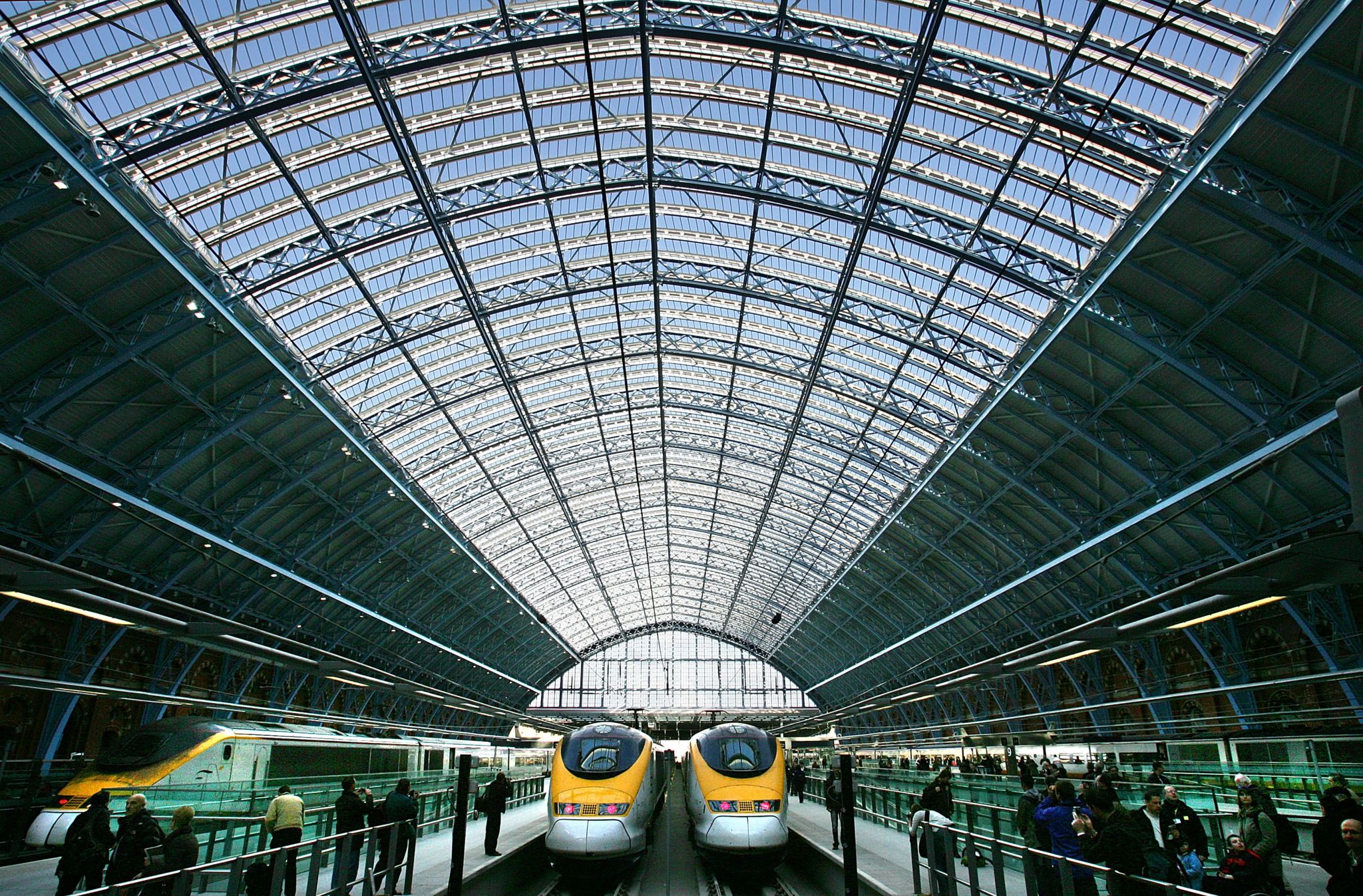 A general view of the first trains to leave from the Eurostar platform of St Pancras International station