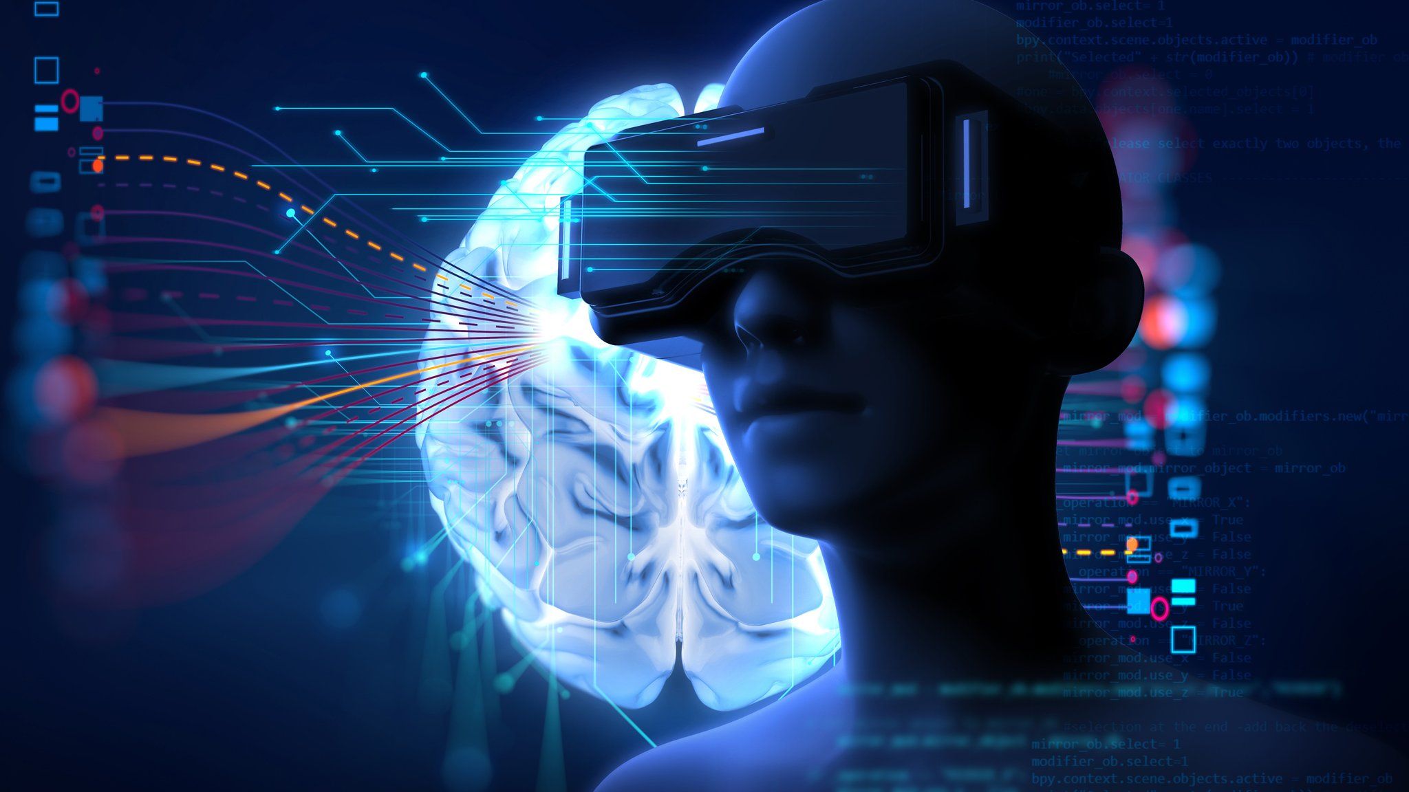 A mock of a person with a VR headset with a human brain in thw back ground