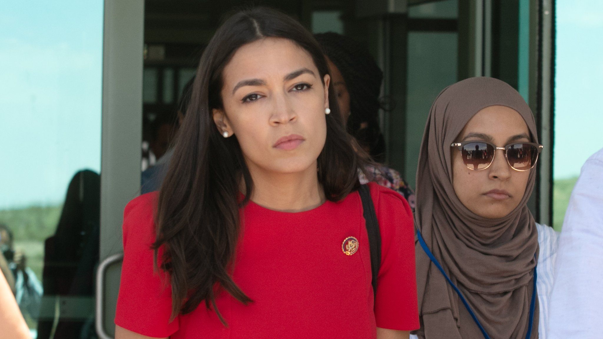 Rep. Alexandria Ocasio-Cortez walking out from the El Paso Border Patrol Station in Clint, Texas, on 1 July 2019