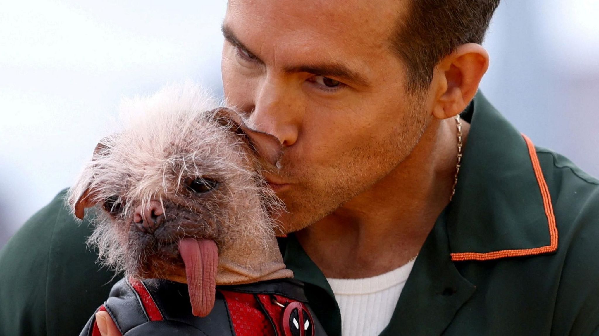 Ryan Reynolds wears a green shirt and holds Peggy the dog. He is kissing her on the side of the head. She wears red and black superhero costume and has a long, pink tongue.