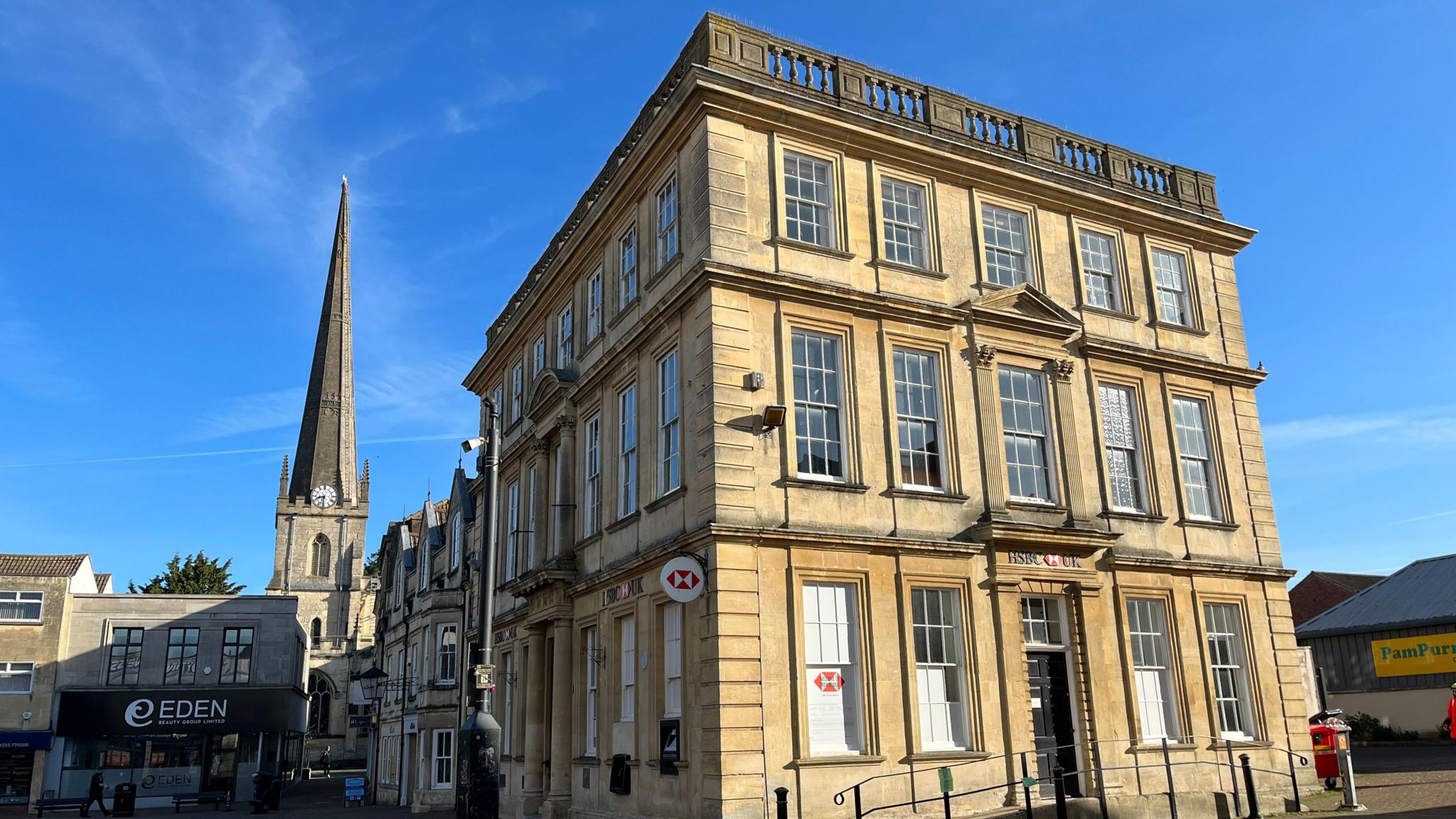 Trowbridge HSBC bank and spire of St James' church