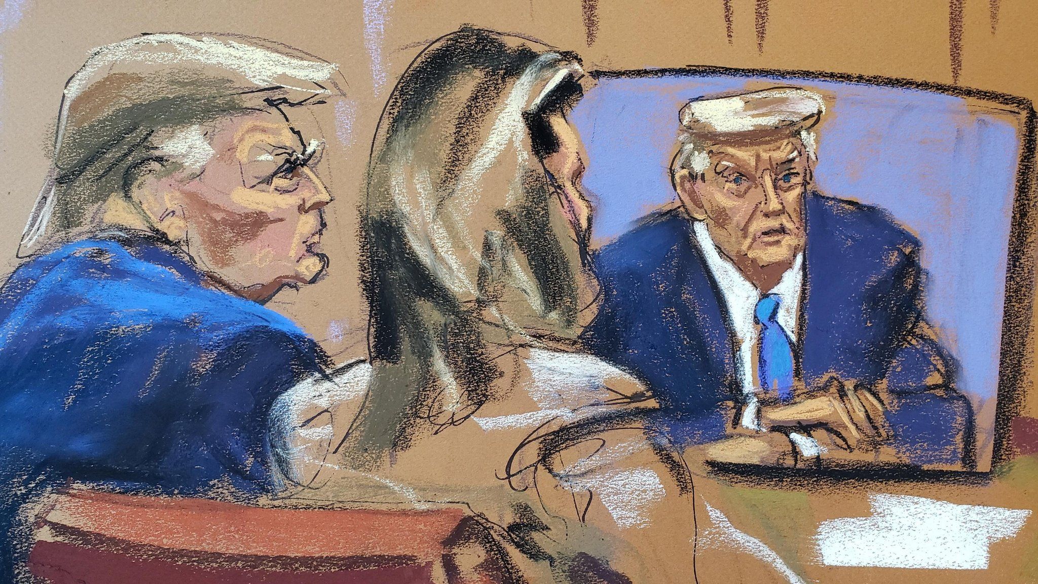 Former U.S. President Donald Trump watches footage of himself giving a video deposition during the second civil trial where Carroll accused former U.S. President Donald Trump of raping her decades ago, at Manhattan Federal Court in New York City, U.S., January 25, 2024 in this courtroom sketch. REUTERS/Jane Rosenberg
