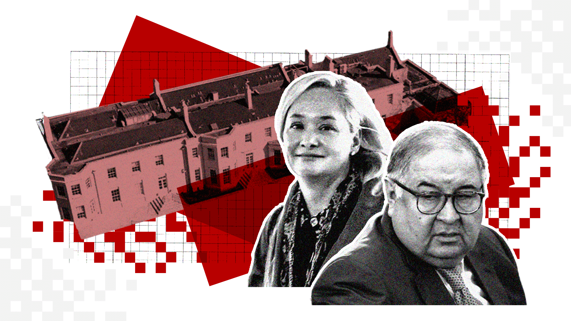 Stylised graphic showing Beechwood House, Lubov Chernukhin and Alisher Usmanov