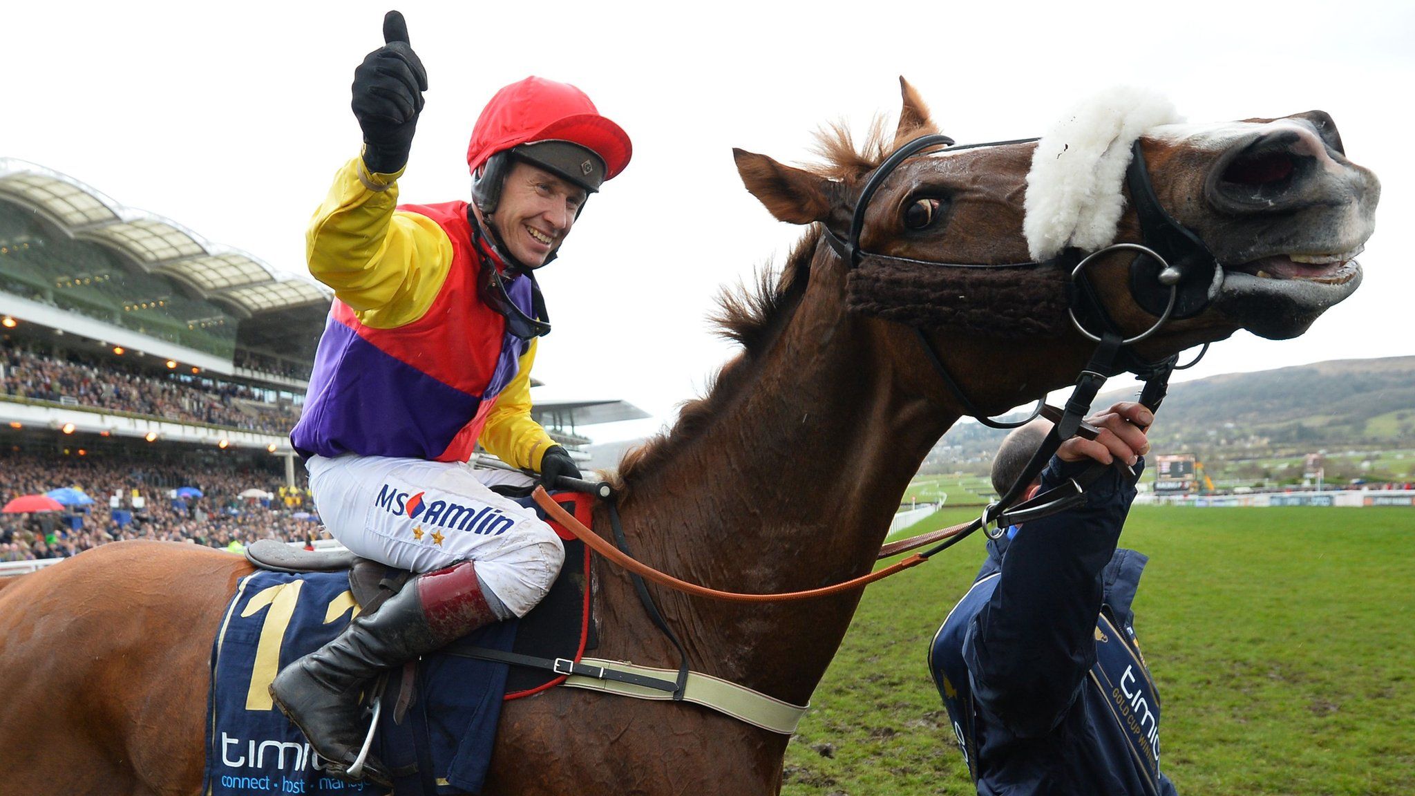 Richard Johnson celebrates after winning the Gold Cup on Native River
