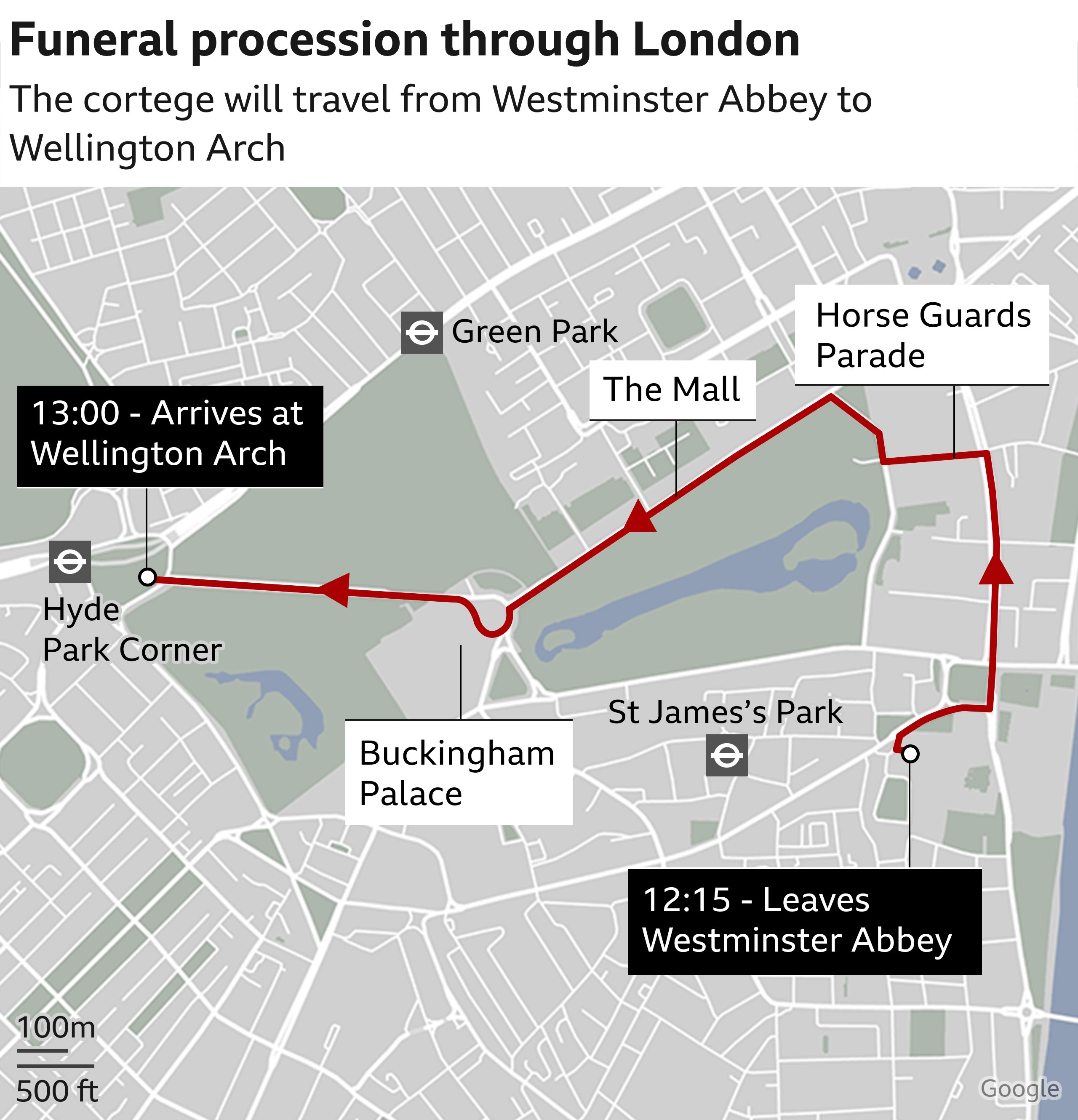 Route of procession from Westminster Abbey to Wellington Arch