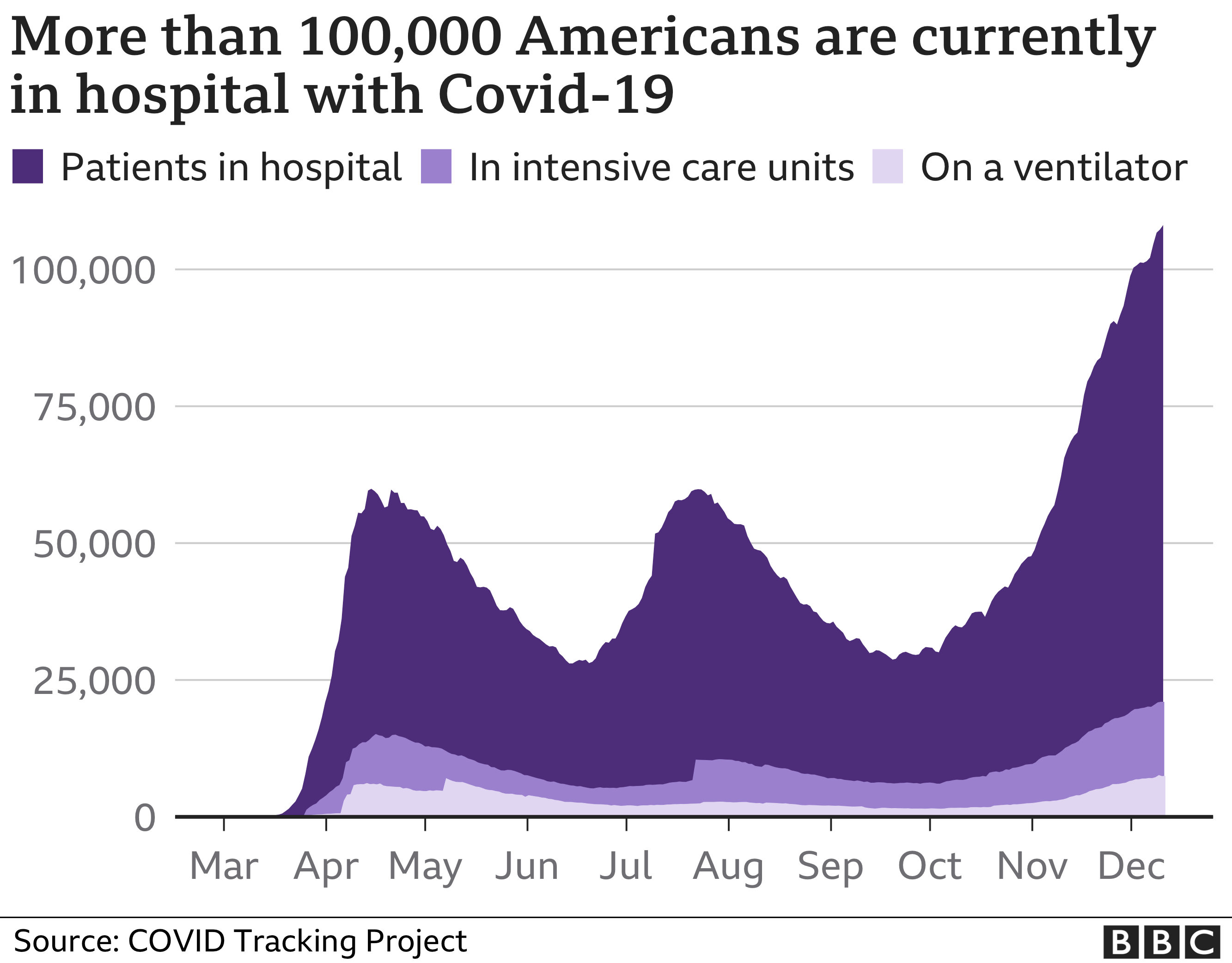 Chart showing the number of Covid-19 patients in US hospitals since the start of the pandemic