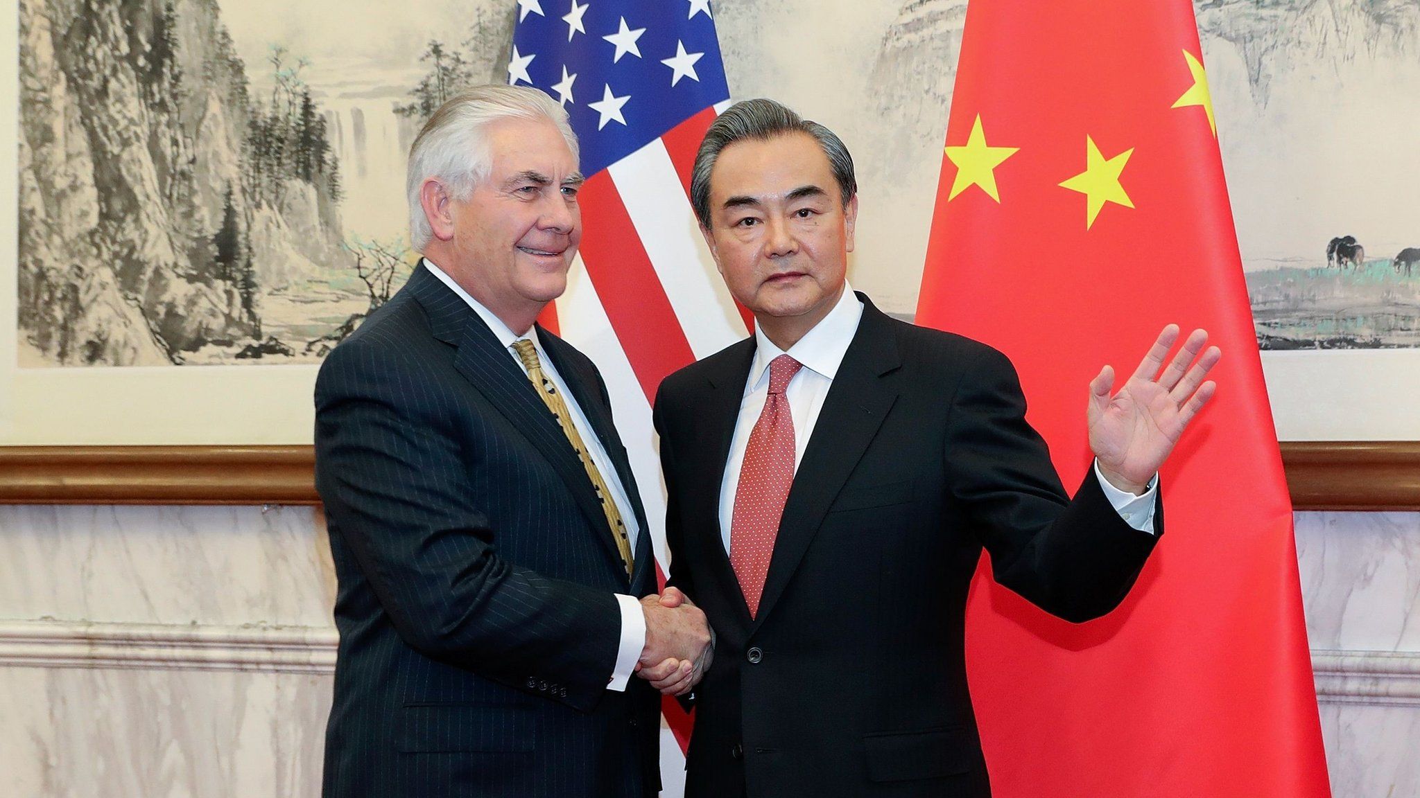 China's Foreign Minister Wang Yi (R) and US Secretary of State Rex Tillerson at the Diaoyutai State Guesthouse in Beijing, on 18 March2017