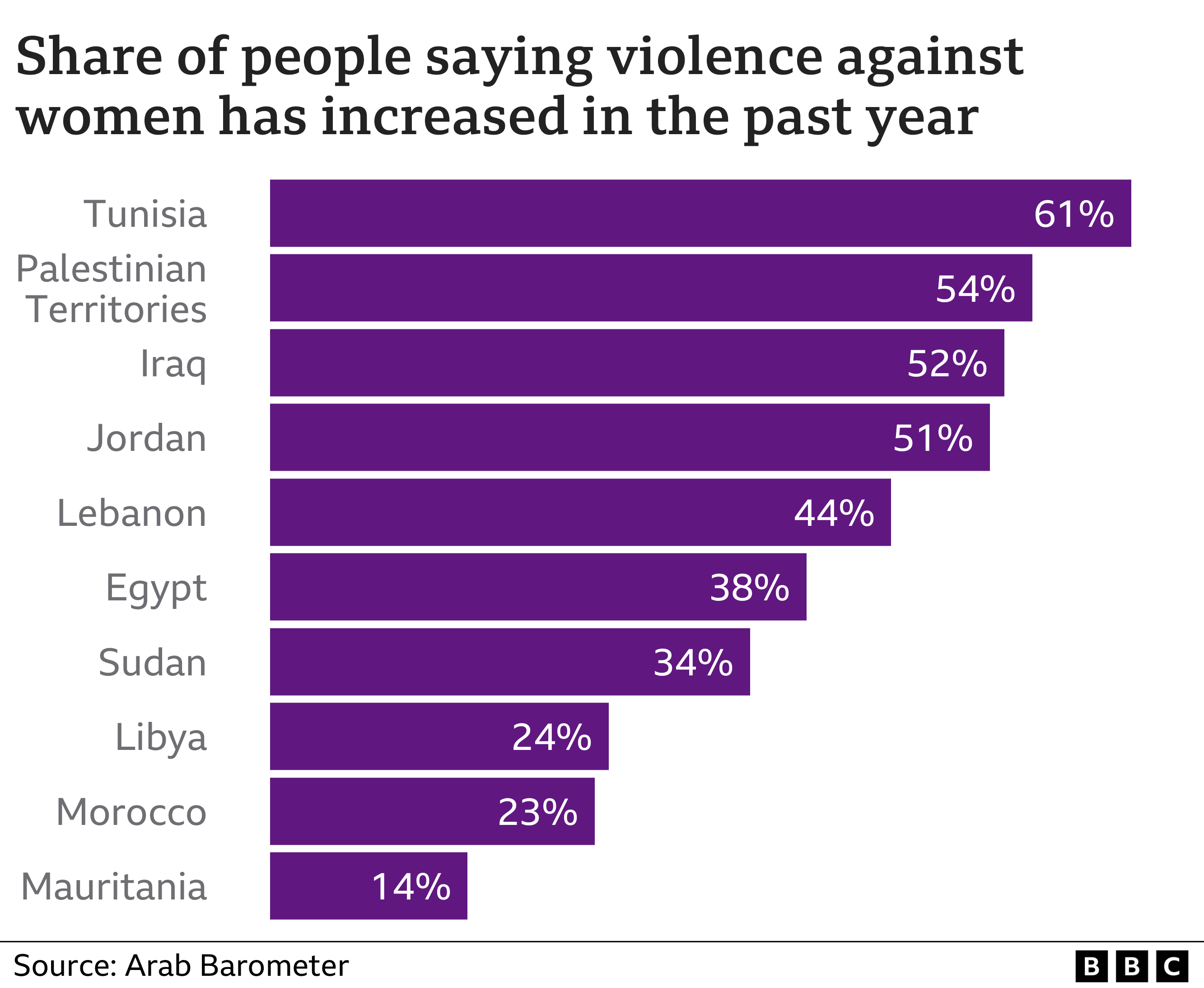 Chart showing the proportion of people who agree that violence against women has increased over the past year. Tunisia is the highest at 61%, followed by the Palestinian territories at 54%. At the bottom of the list is Mauritania, where only 14% of respondents say that violence against women has increased.