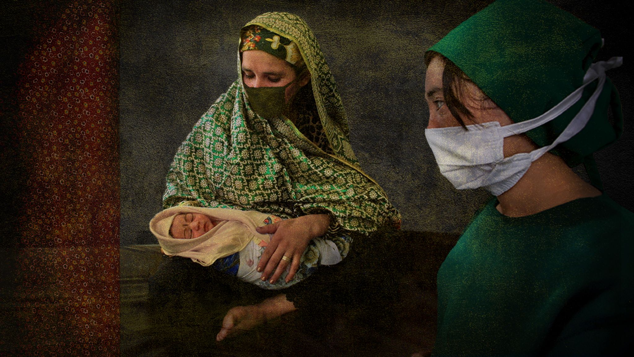Afghan mother and baby with doctor. Photo collage illustration from photographs courtesy Getty Images