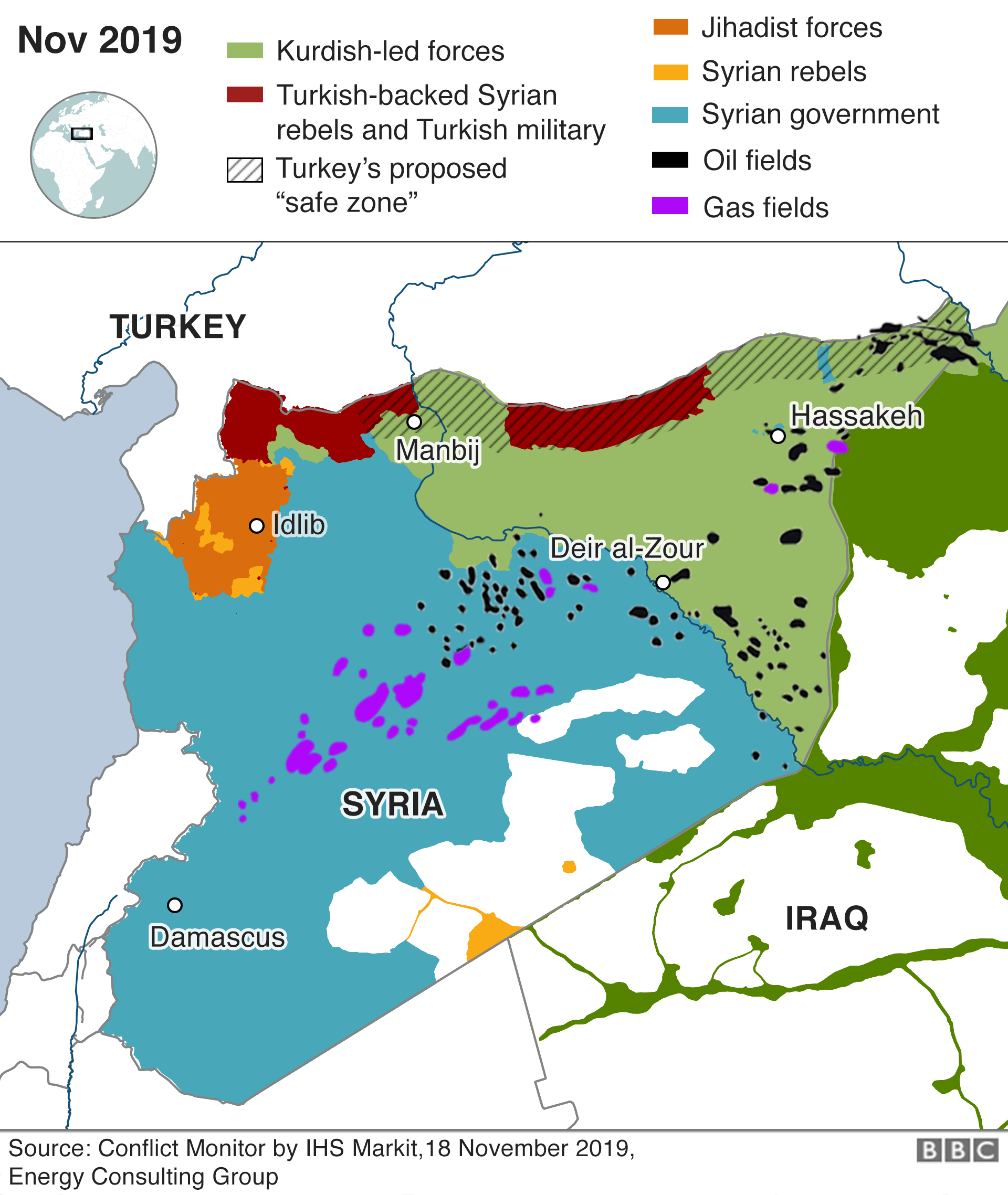 Map of Syria showing oil and gas fields
