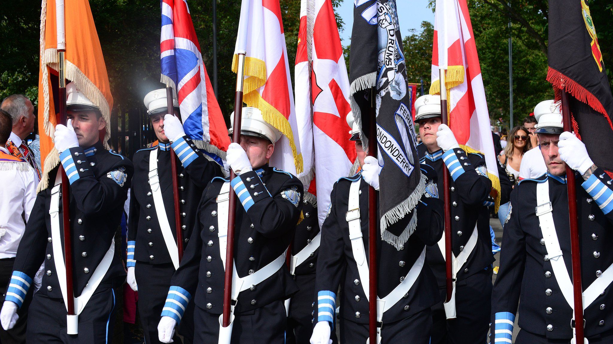 Flag bearers marching at the Twelfth parade in Newtownards