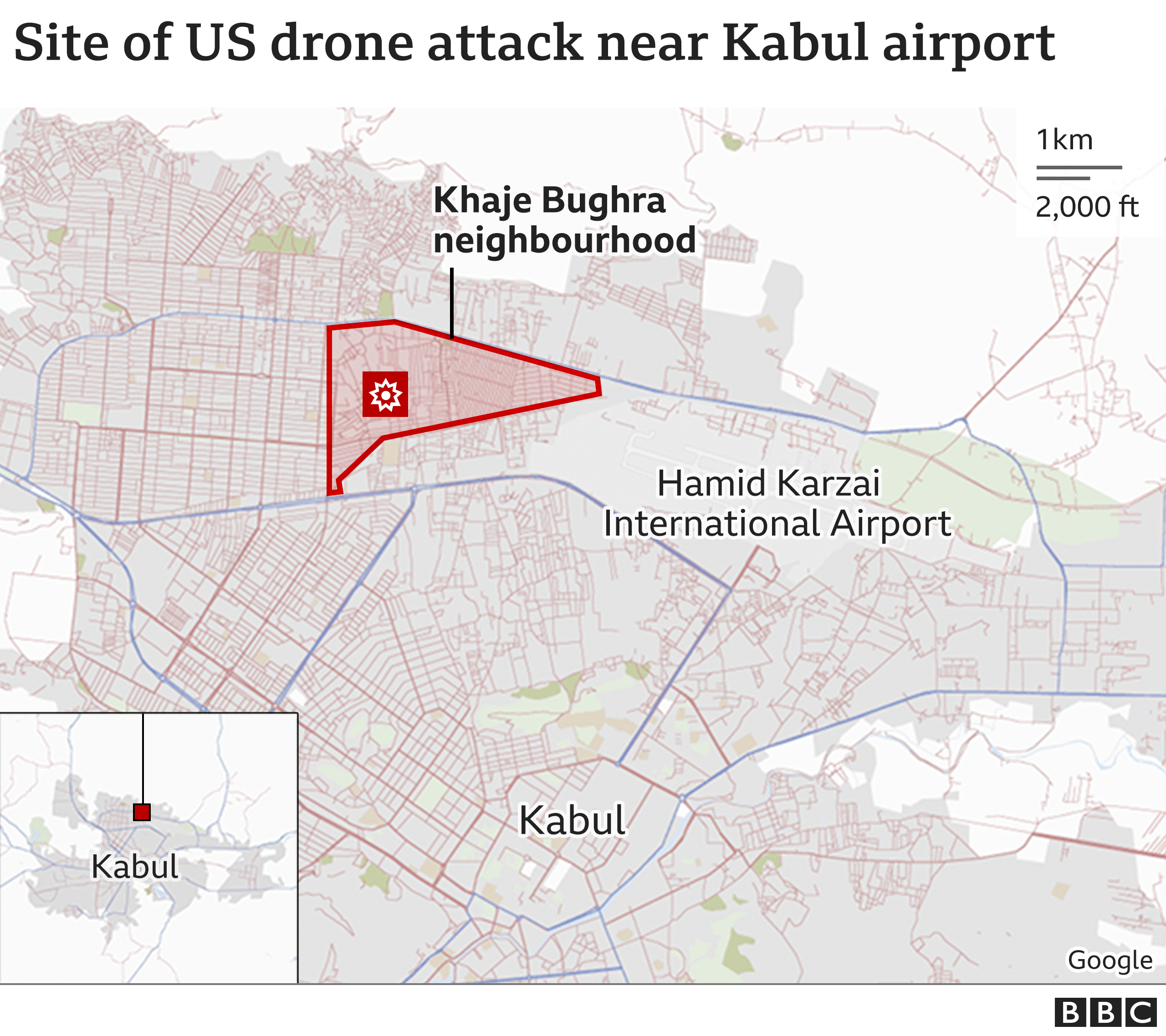 Карта, показывающая район атаки американских беспилотников возле аэропорта Кабула