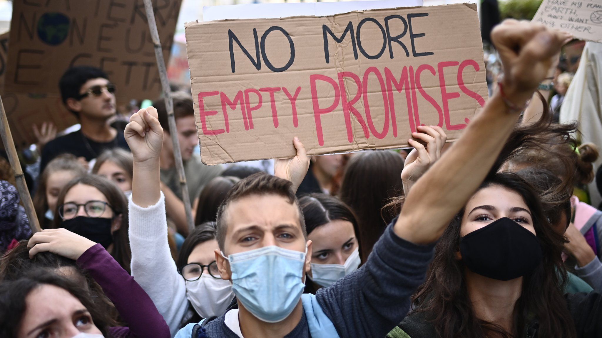 Fridays For Future activists participate in a climate strike march on October 1, 2021 in Milan, Italy