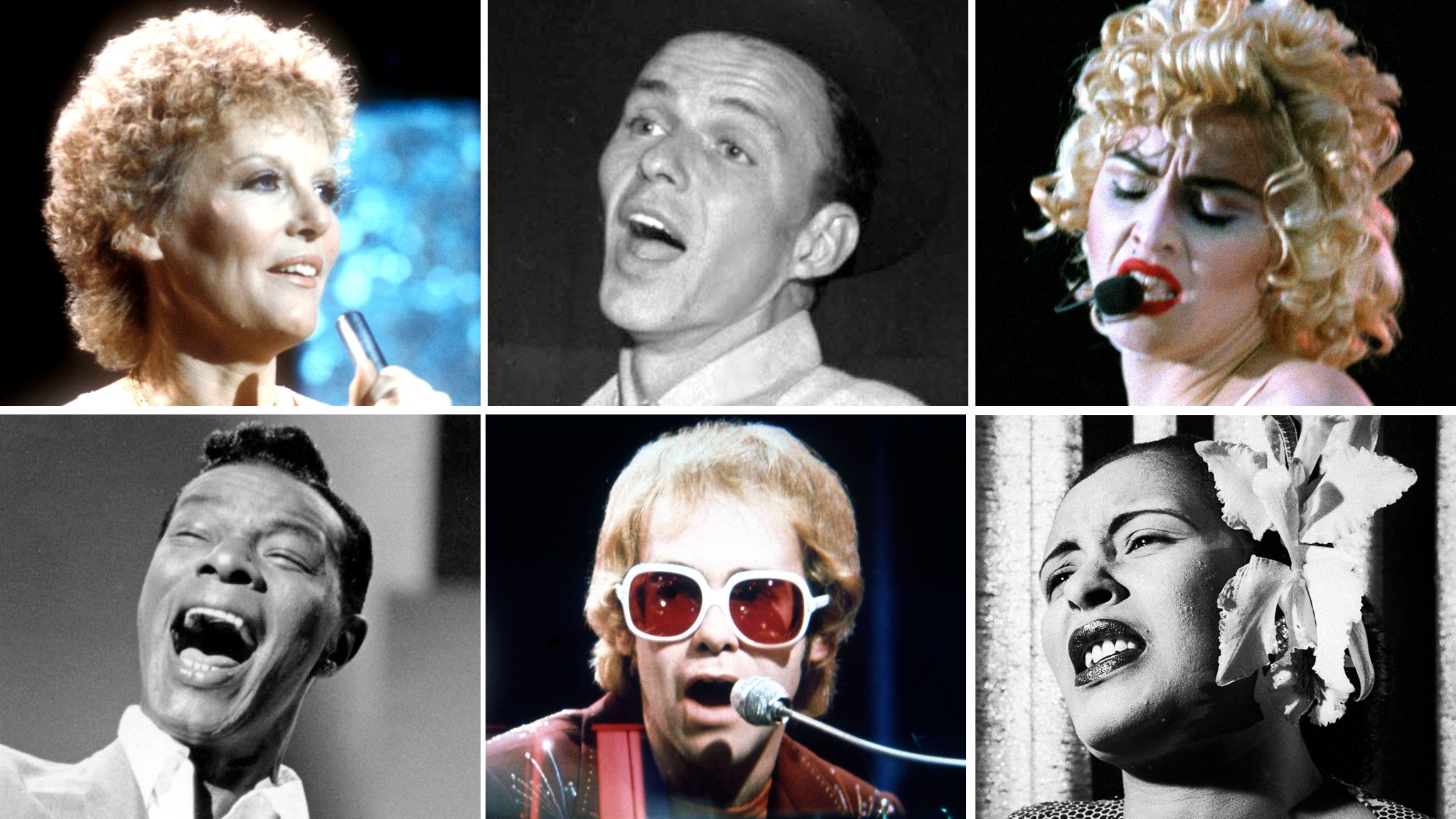 Clockwise from top left: Petula Clark, Frank Sinatra, Madonna, Billie Holiday, Elton John, Nat King Cole