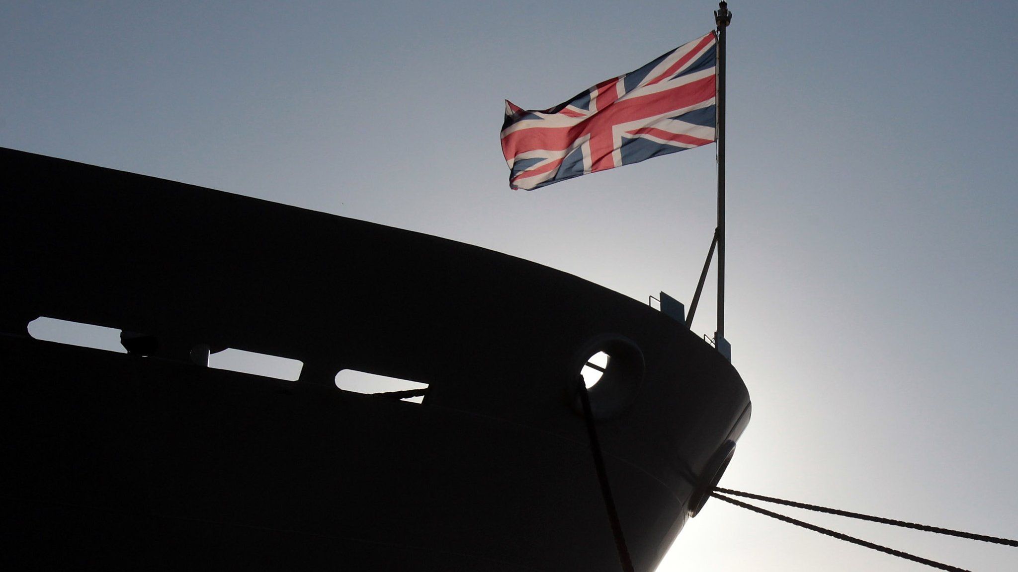 The union jack flag flies on HMS Bulwark