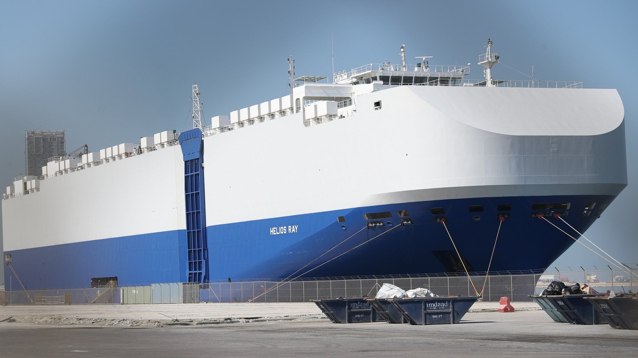 MV Helios Ray, docked at Dubai following explosion that damaged its hull (28 February 2021)