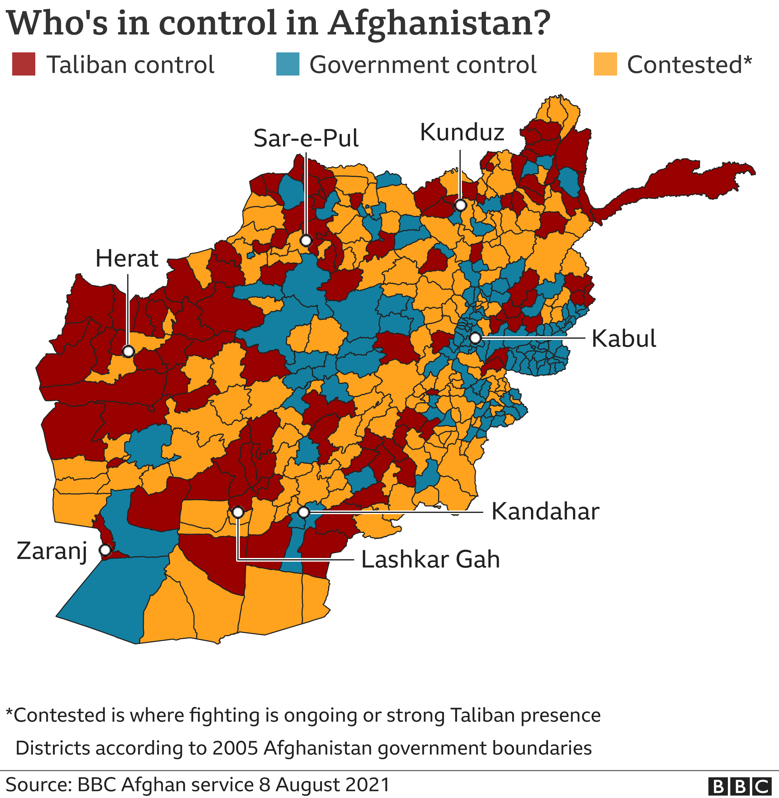 Map showing show is in control of the provinces in Afghanistan