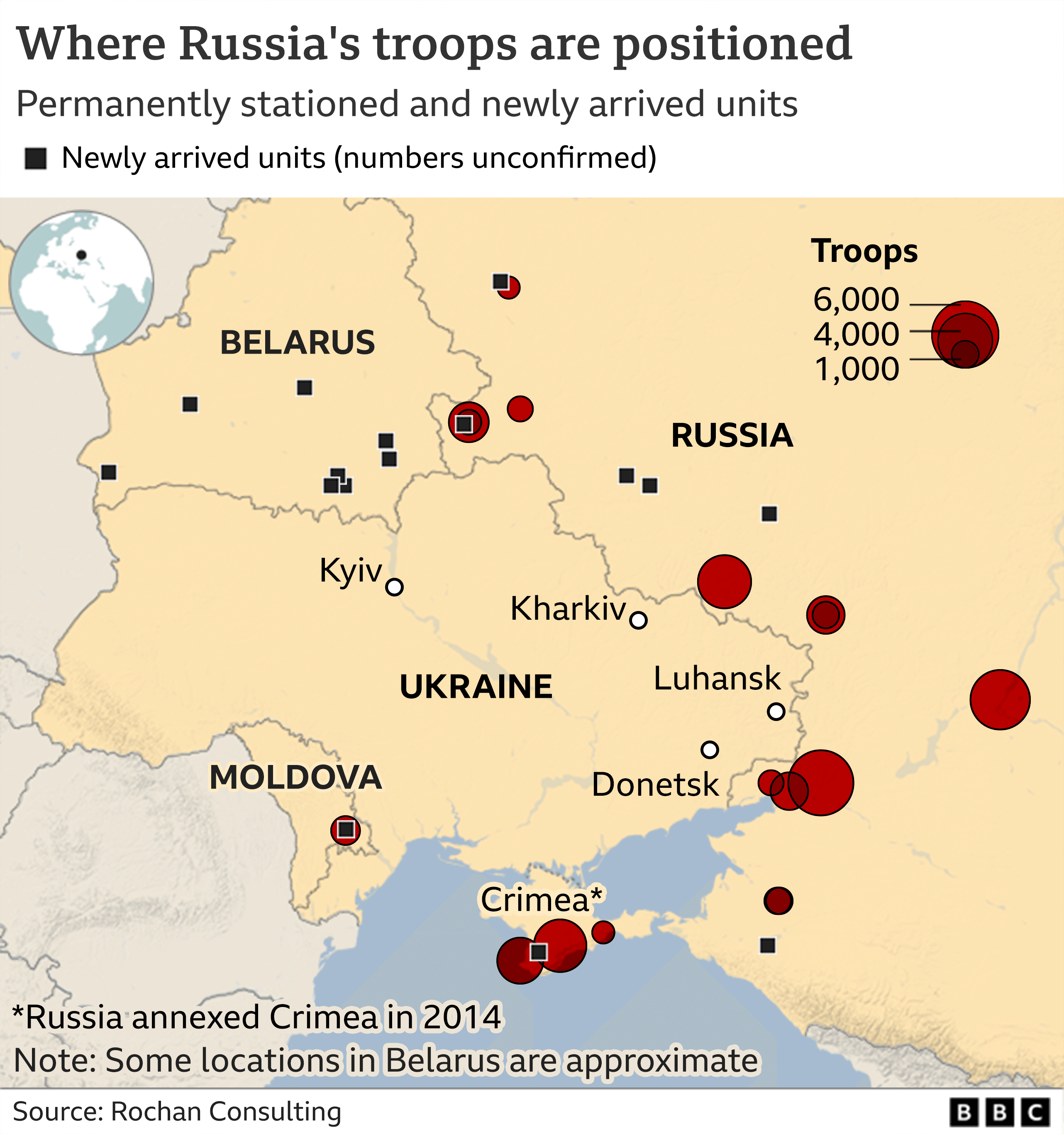 Map showing Russian troop positions around Ukraine