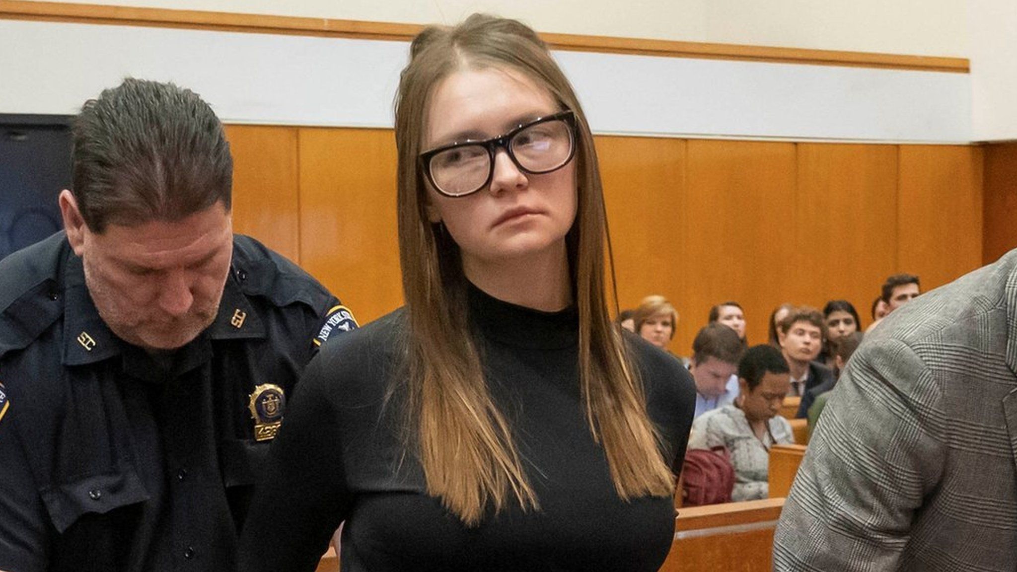 Anna Sorokin, who a New York jury convicted last month of swindling more than $200,000 from banks and people, reacts during her sentencing at Manhattan State Supreme Court New York, U.S., May 9, 2019