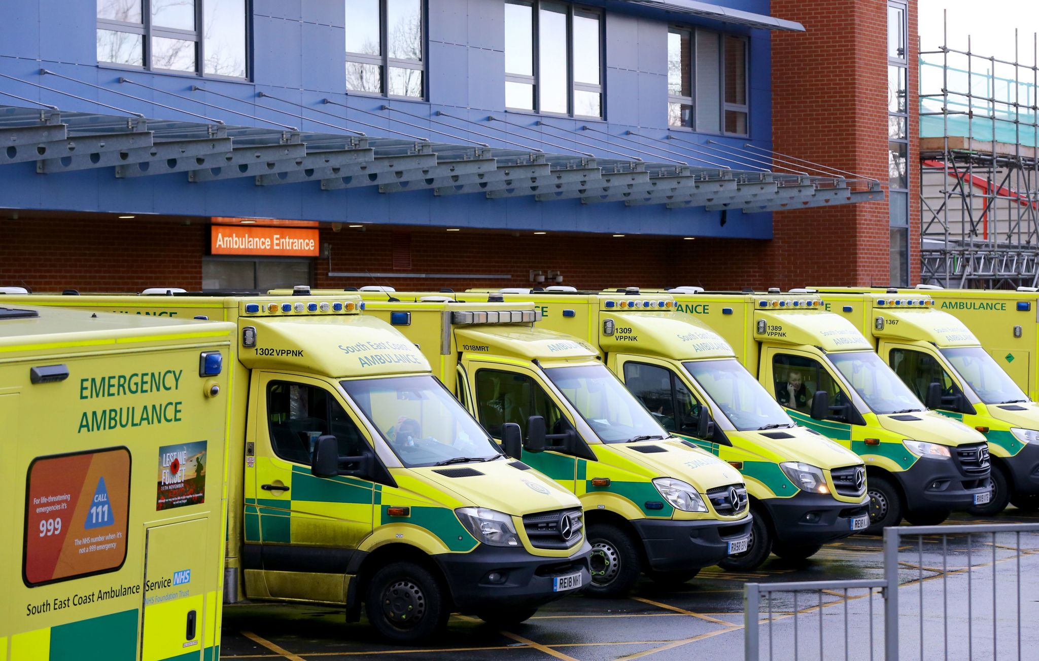 Ambulances lined up outside the Medway Maritime Hospital in Gillingham, Kent