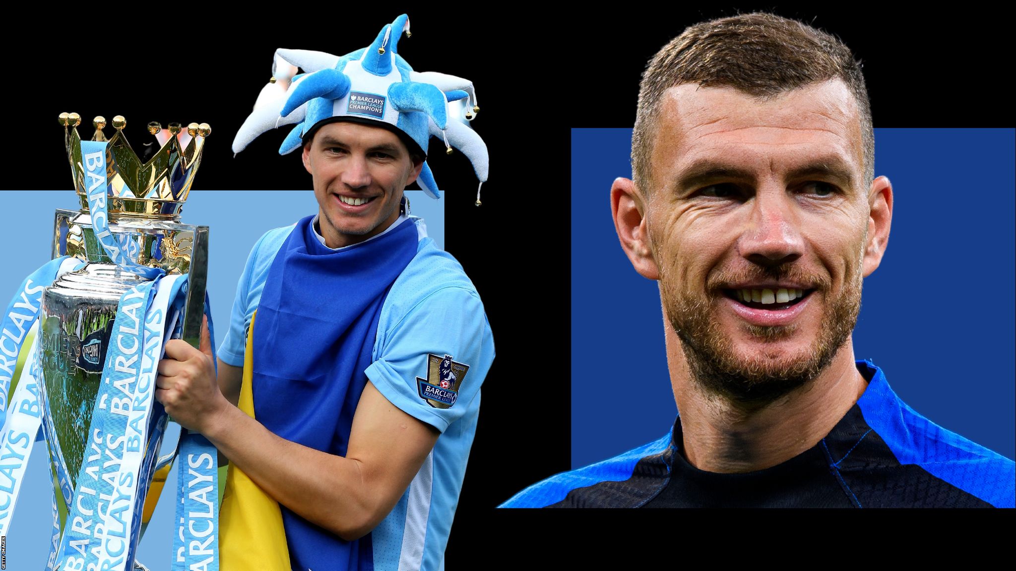 Edin Dzeko with the Premier League trophy on the left and with Inter Milan on the right
