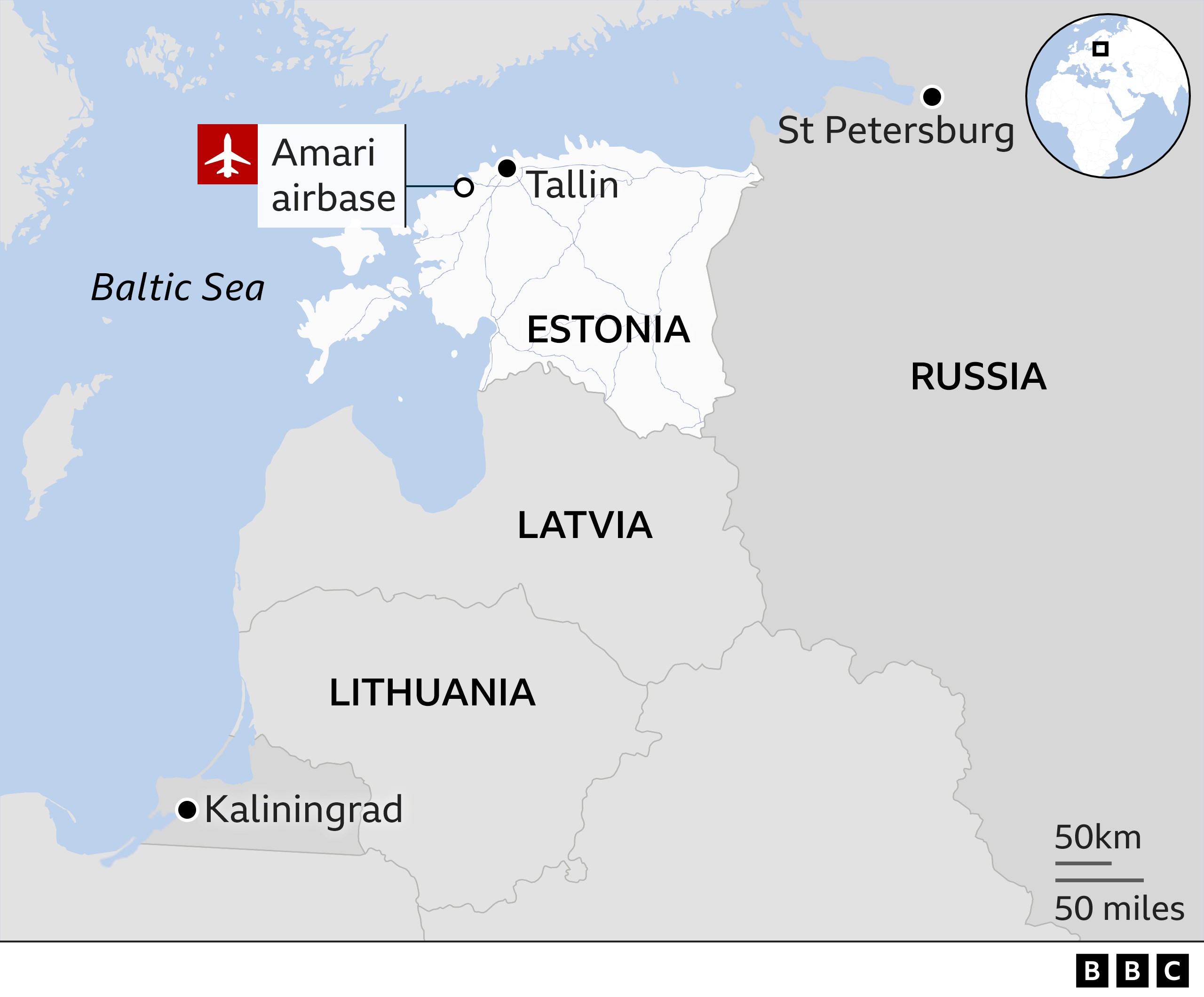 Карта авиабазы ​​Амари в Эстонии, рядом с другими странами Балтии и границей с Россией