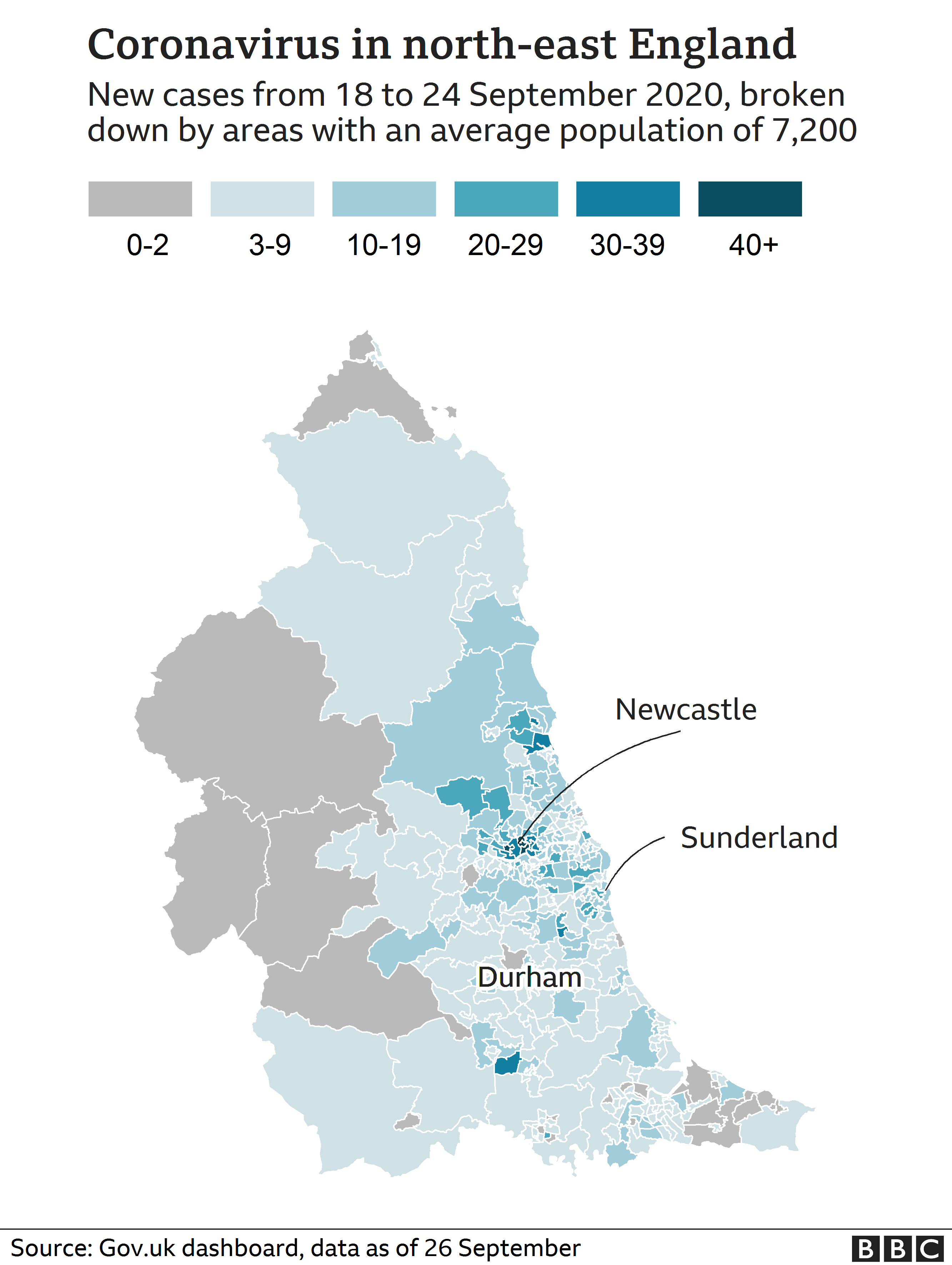 Map of cases in north-east England