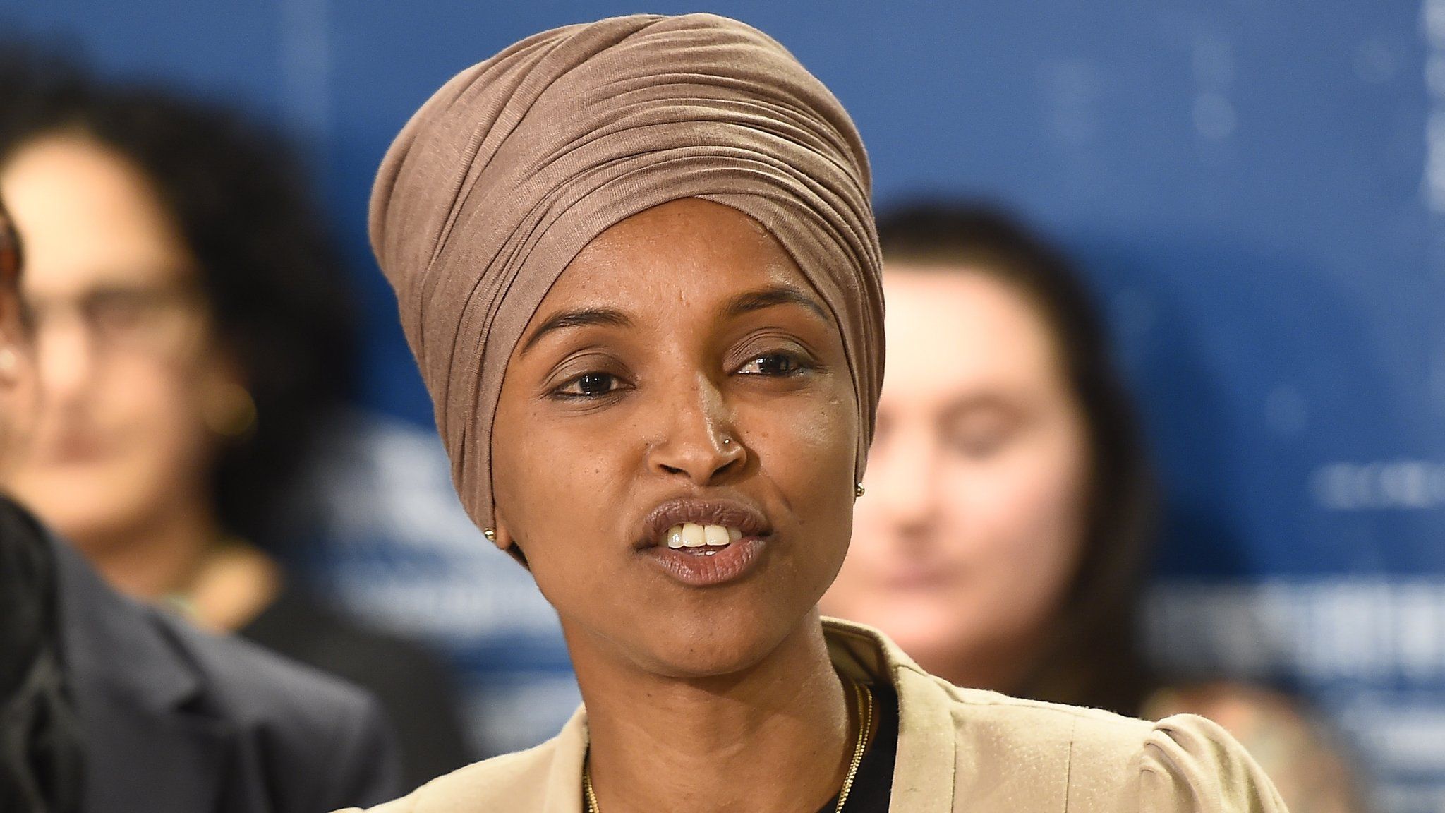 Democratic Representative from Minnesota Ilhan Omar speaks during a news conference at the Minnesota state capitol