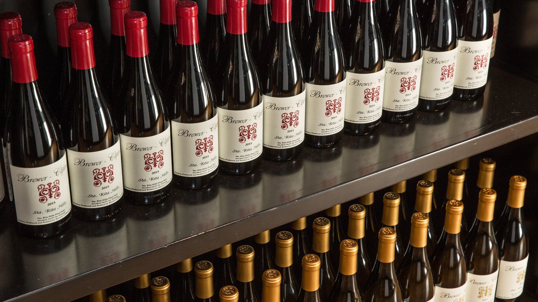 A shelf of wine at the Brewer-Clifton tasting room is viewed on September 29, 2018, in Los Olivos, California.