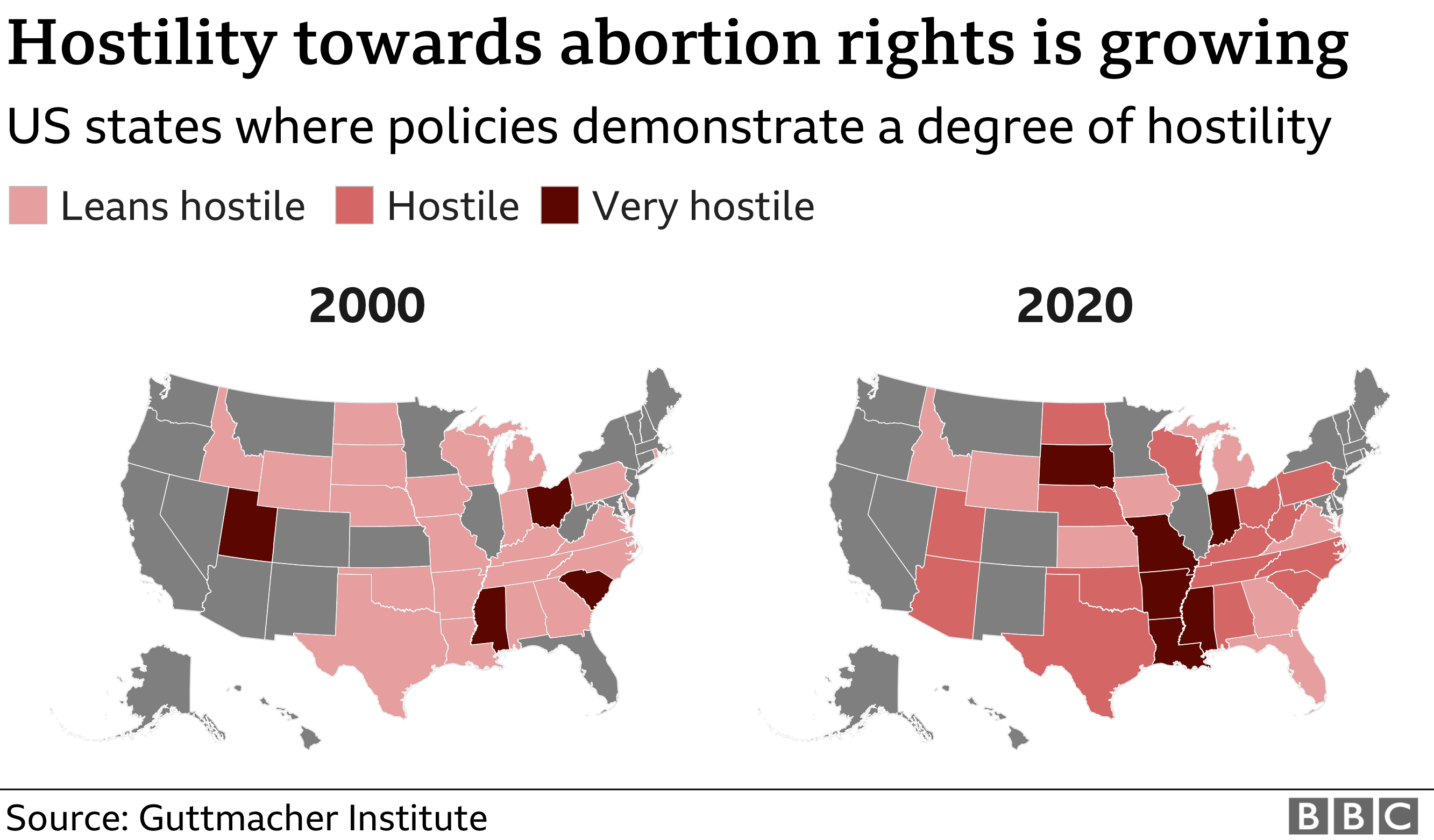 Map showing how abortion laws have become more restrictive over the past 2 decades