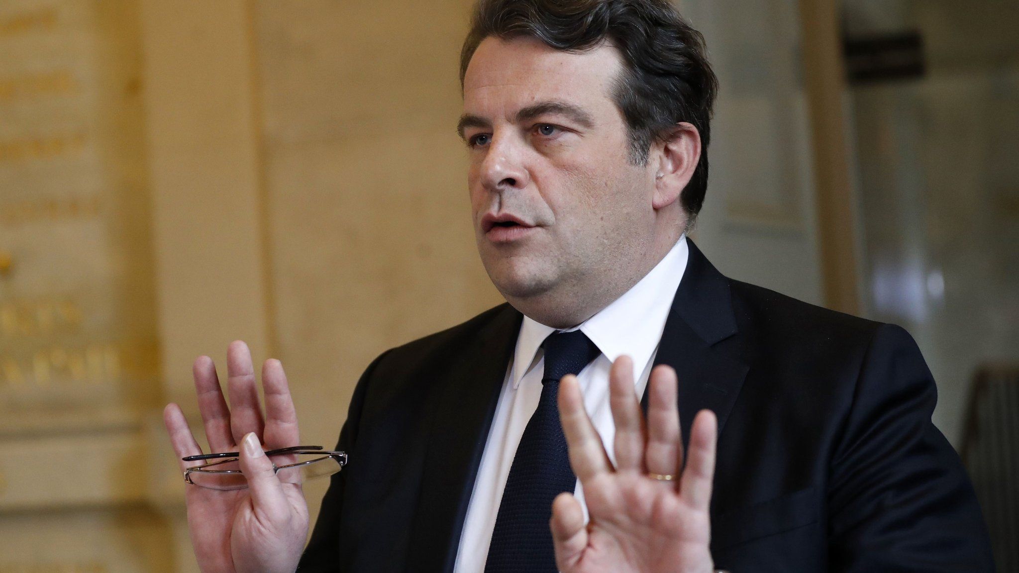 Spokesman for France's centre-right Republicans party, Thierry Solere, answers journalists' questions after a meeting of lawmakers at the French national assembly in Paris on Tuesday