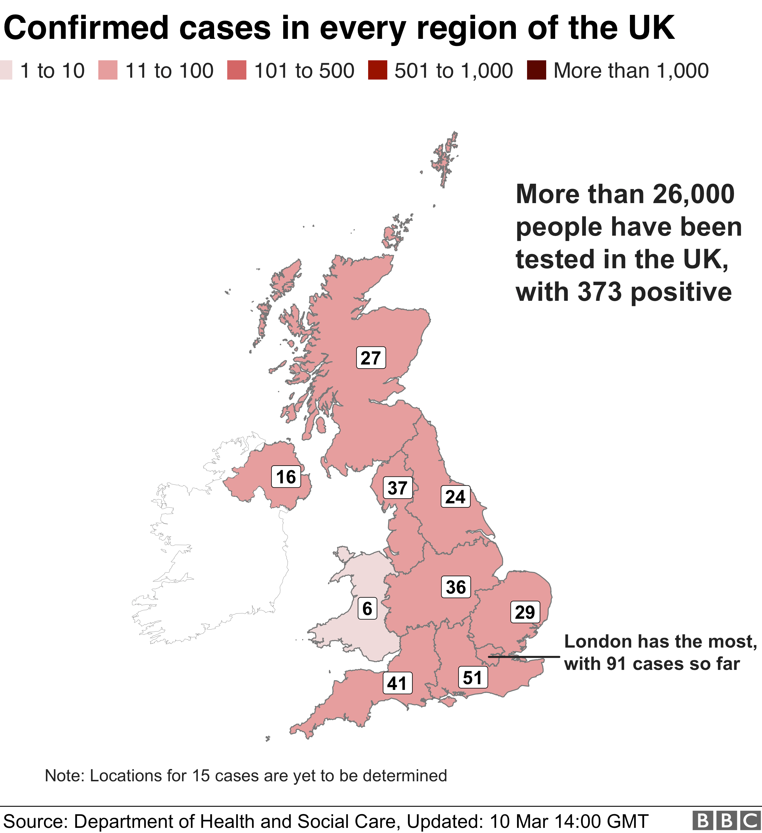 Map showing the number of coronavirus cases in different regions of the UK