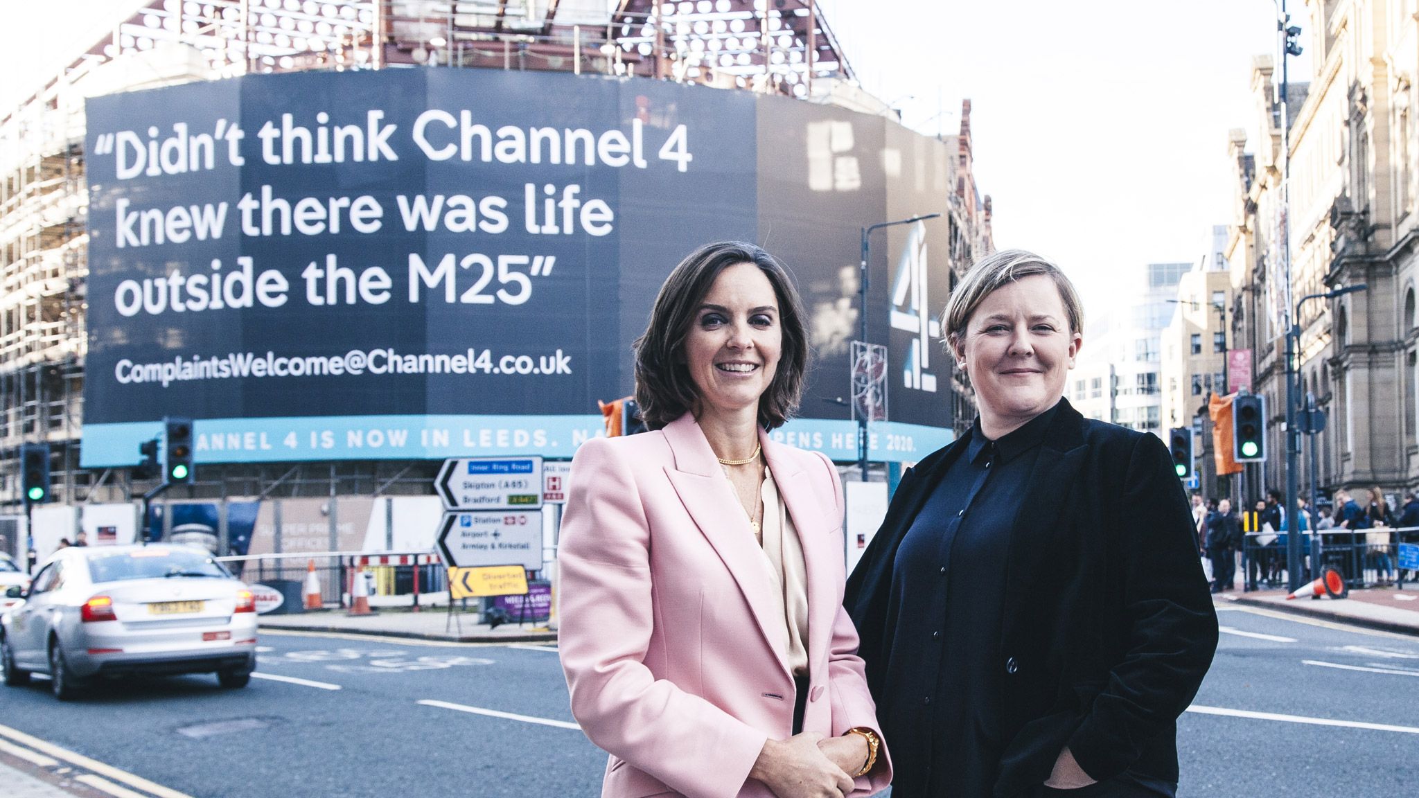 Channel 4 chief executive Alex Mahon and director of Nations and Regions Sinead Rocks outside the Majestic in Leeds