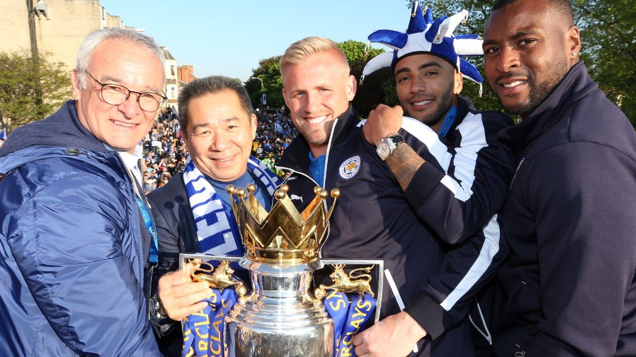 Manager Claudio Ranieri, Chairman Vichai Srivaddhanaprabha, Kasper Schmeichel, Danny Simpson and Wes Morgan of Leicester City during the Leicester City Barclays Premier League Winners Bus Parade in Leicester City on May 16th, 2016 in Leicester