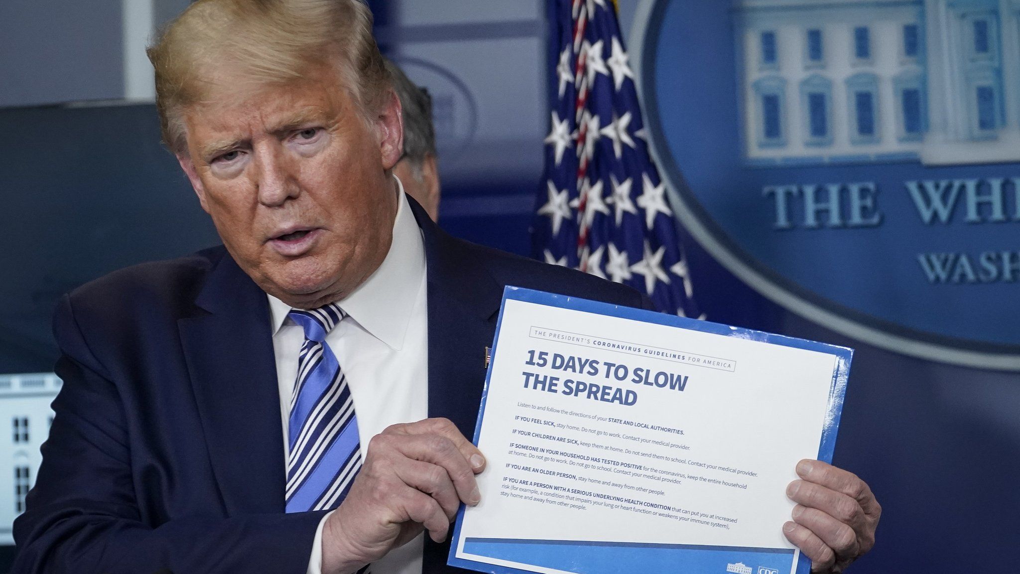 President Donald Trump speaks at the daily coronavirus briefing at the White House on 23 March 2020