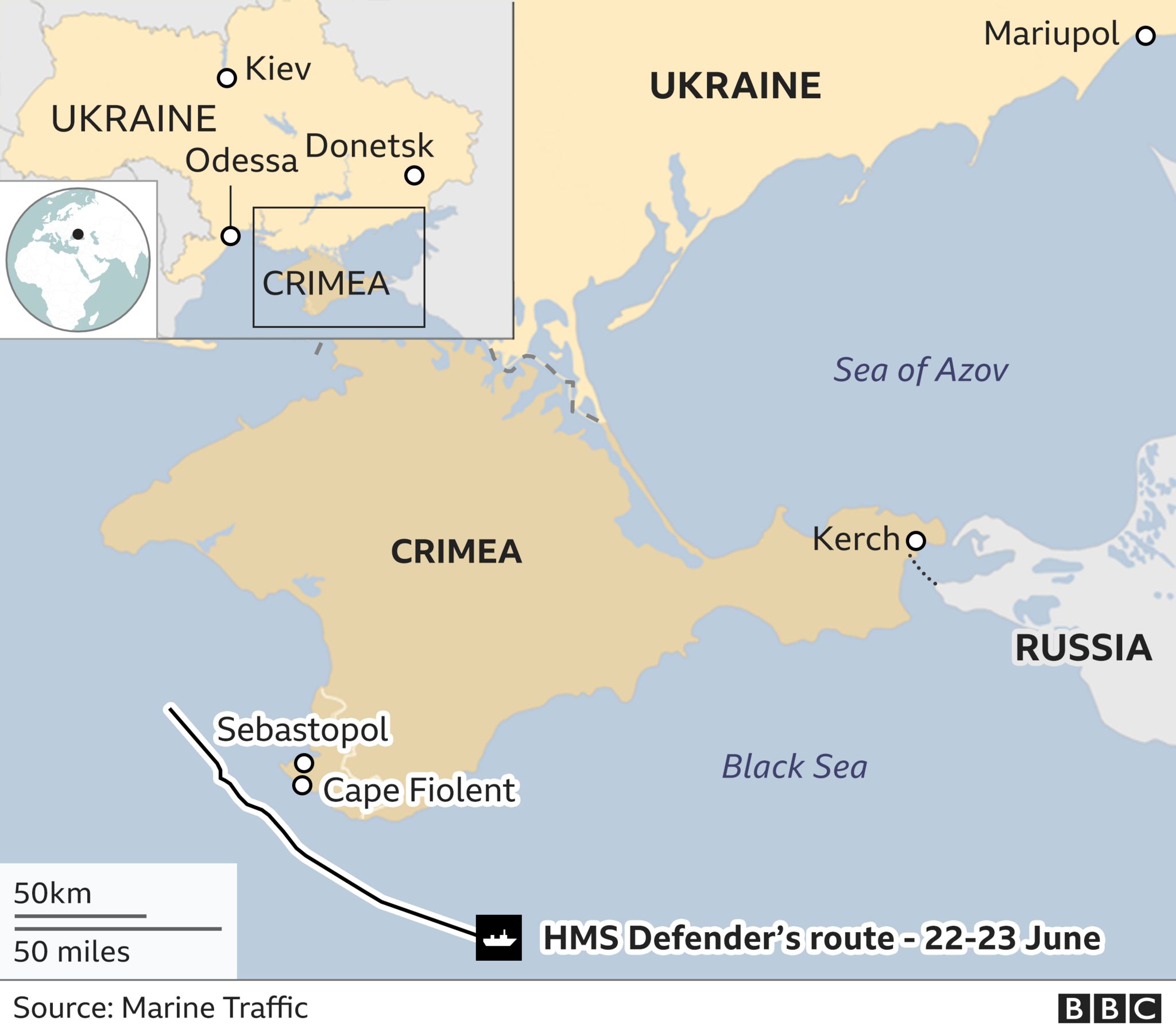 Map showing Russia, Ukraine, Crimea and the route HMS Defender took