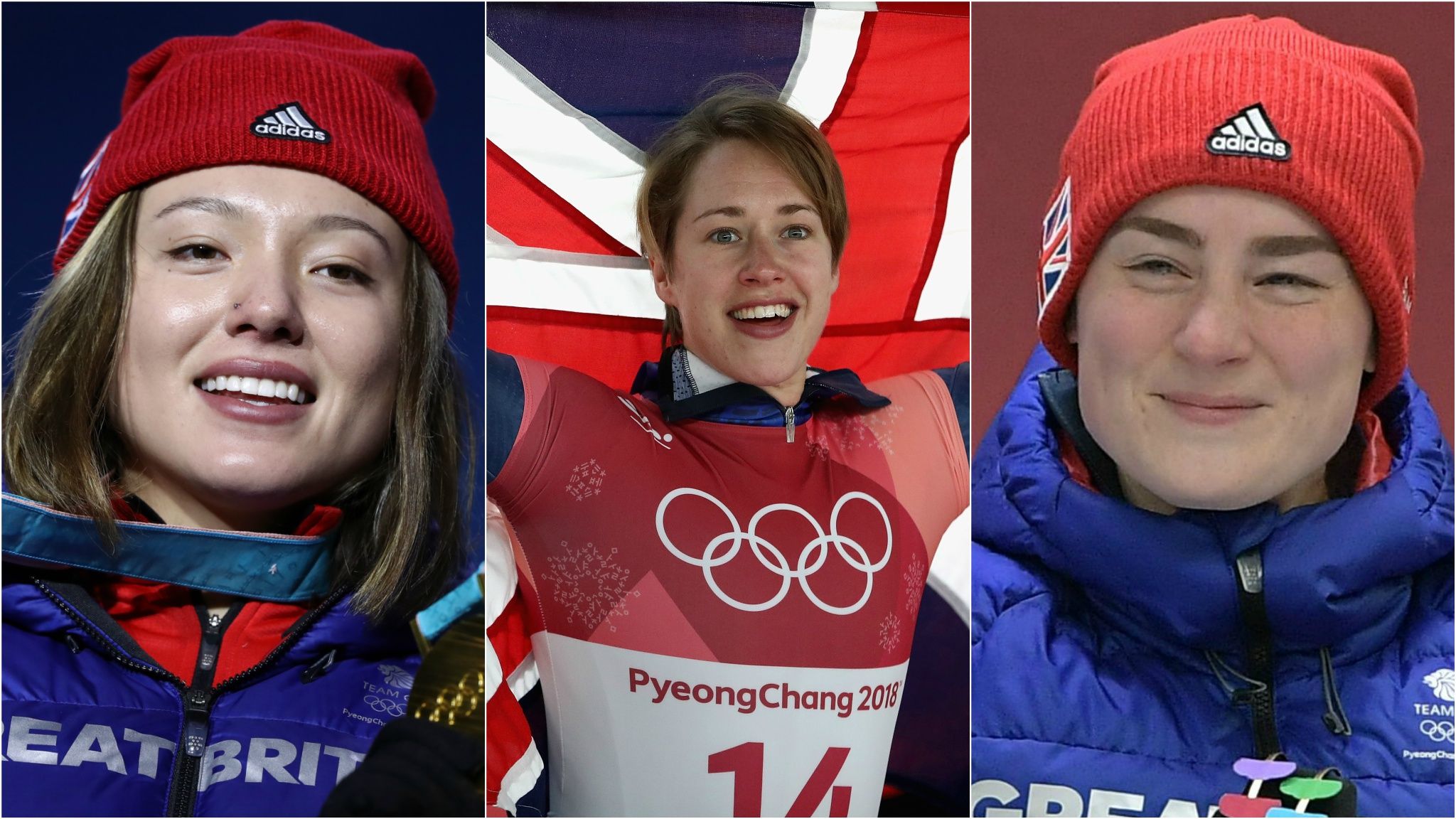 Lizzy Yarnold (centre), Izzy Atkin (left) and Laura Deas (right)