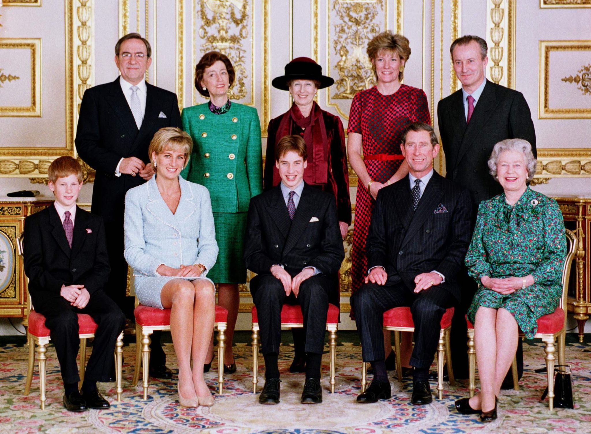 Official Portrait Of The Royal Family On The Day Of Prince William's Confirmation. Front Left To Right - Prince William, Princess Diana, Prince William, Prince Charles And The Queen. Back Left To Right - King Constantine, Lady Susan Hussey, Princess Alexandra, Duchess Of Westminster And Lord Romsey
