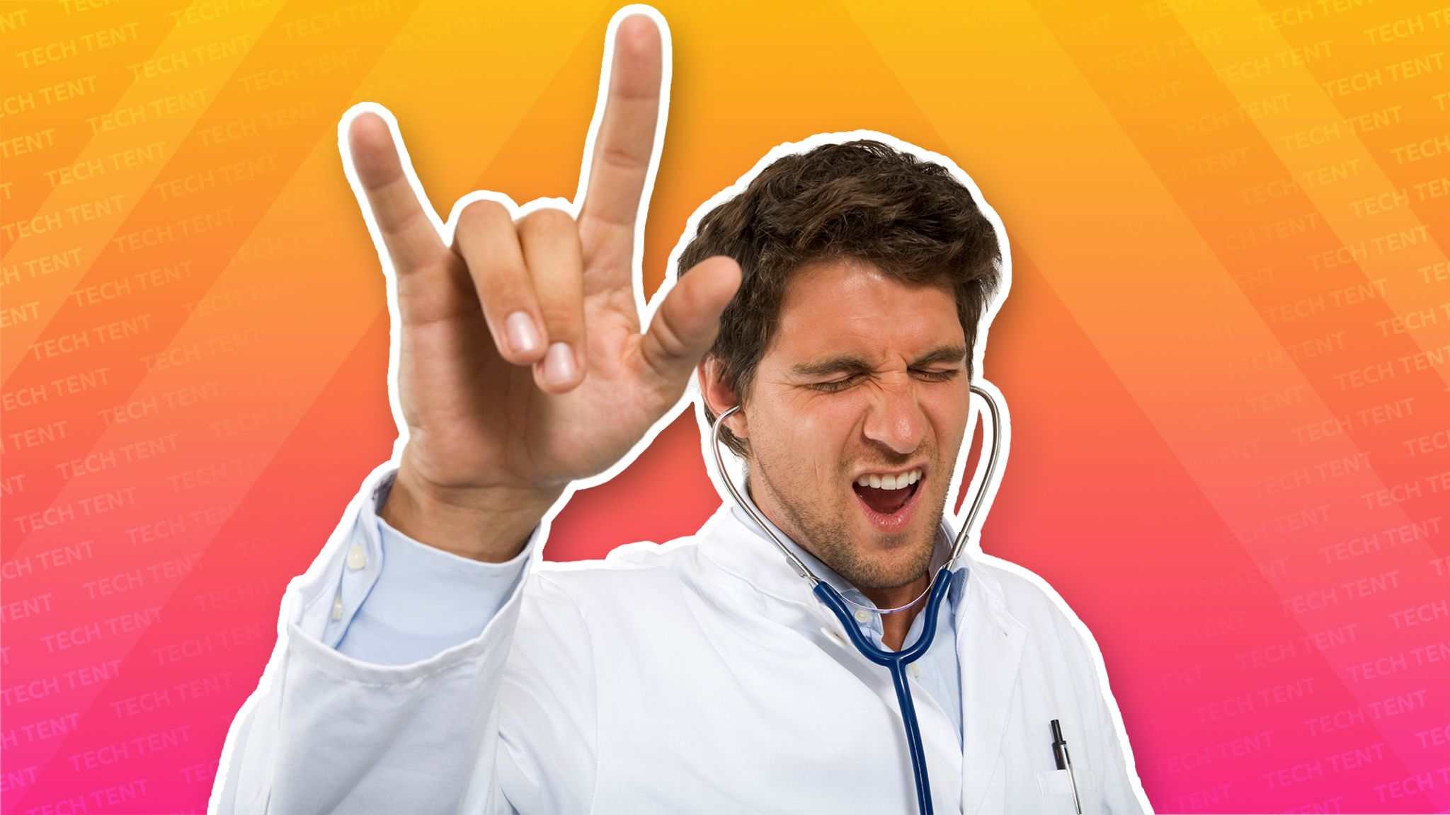 A man wearing a white coat and wearing a doctor's stethoscope in his ears raises his hand in "devils horns" as if rocking out to music