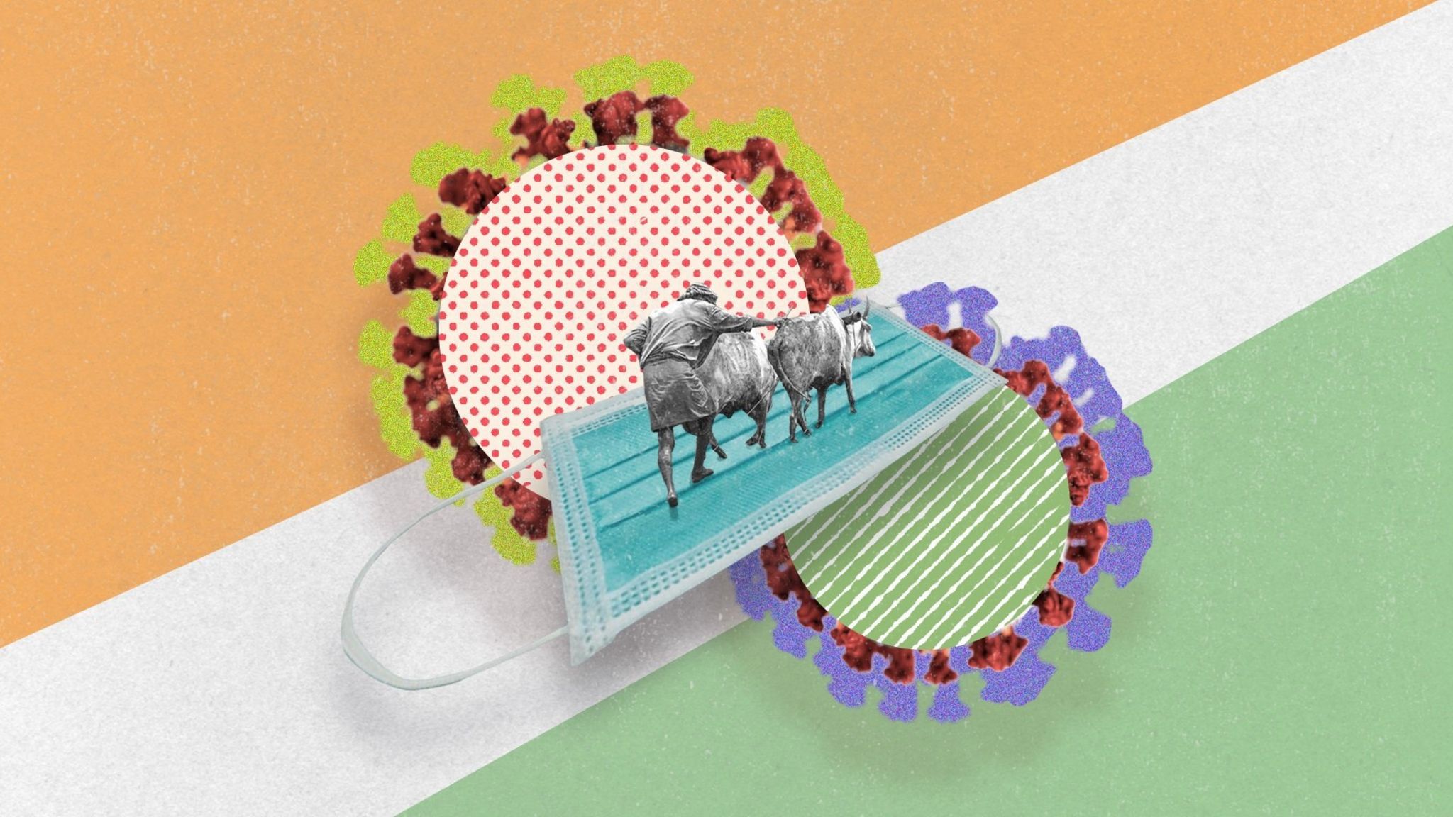 Collage art of a farmer with cattle standing on a large blue mask. Background is India's flag colours of orange, white and green.